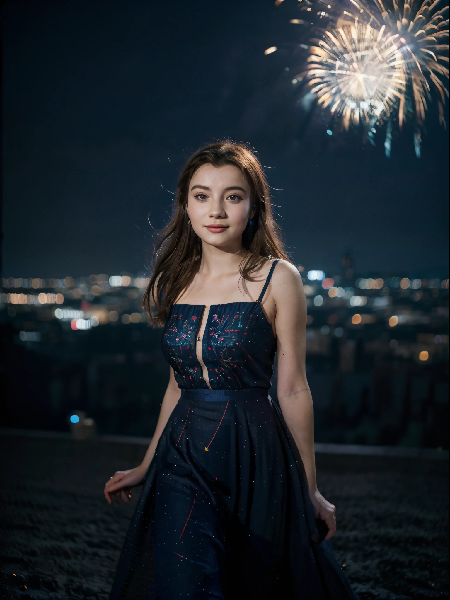 1girl, 20 years old, a beautiful girl ((looking at the night sky)), wearing an elegant and long dress, smile, happy, (firework: 1.2), a flame embroidered in the night sky, windy, prague, castle seen in the background, movie scene, cinematic light, very dark scene, (anamorphic lens bokeh: 1.4), composition from below, (la la land: 1.5)