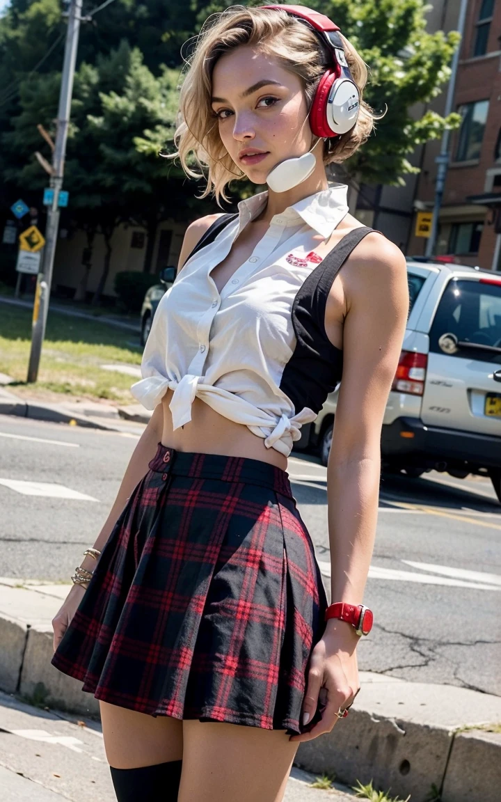 The World Ends With You art style with thick outline. low view perspective drawing of Super empowered powergirl, smug, with long pale blonde hair, pale skin, and brown eyes. She is dressed in a white button-up sleeveless blouse with midriff and with a plaid red-and-white ribbon around the collar and a matching plaid red-and-yellow skirt with a small black ribbon on the front. She wears converse shoes. She has wired white and red headphones. she has toned arms.