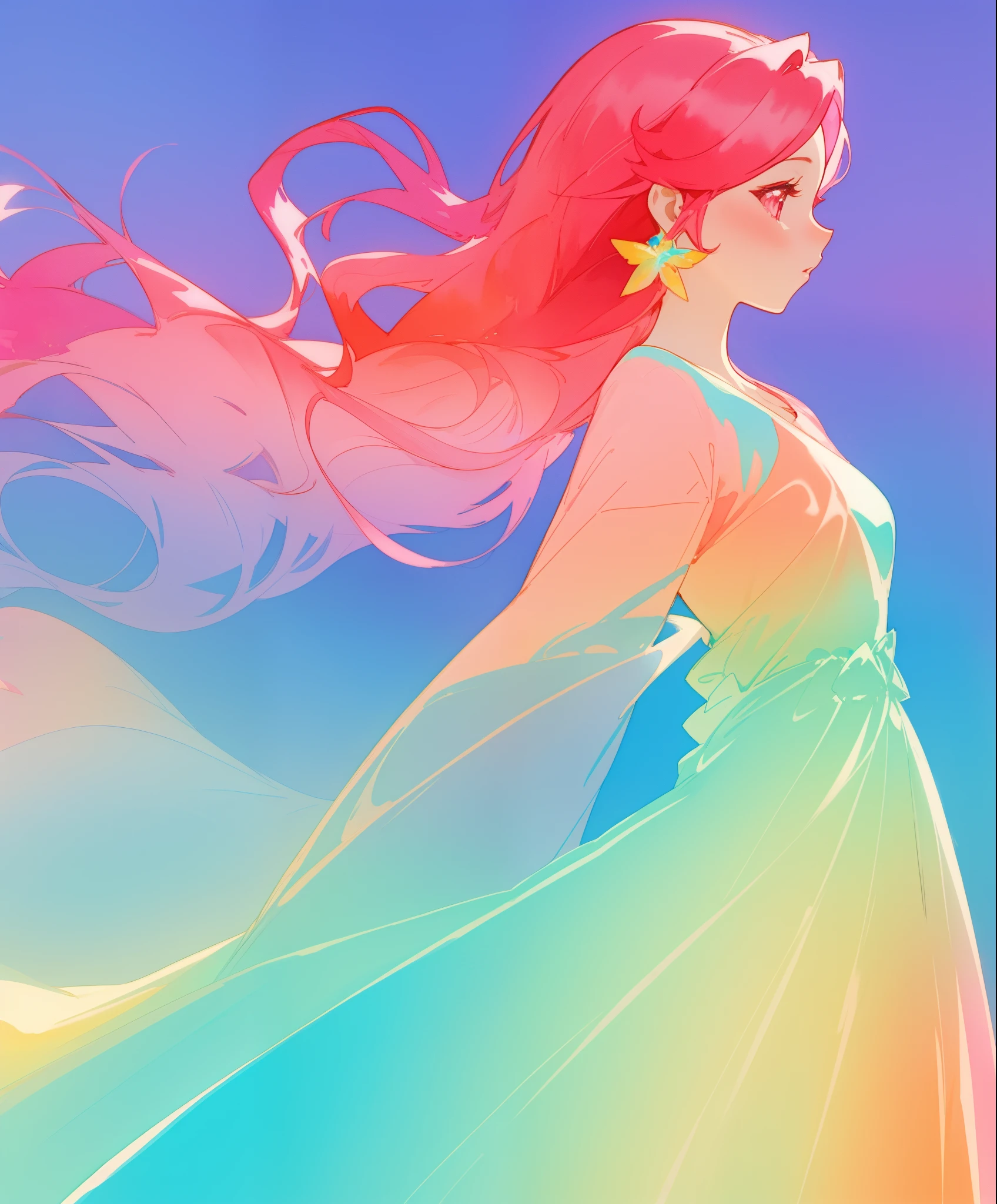 beautiful girl in colorful gradient flowing princess ballgown, long flowing red pink hair, colorful fantasia background, watercolor illustration, beautiful digital illustration, beautiful, masterpiece, best quality, beautiful face
