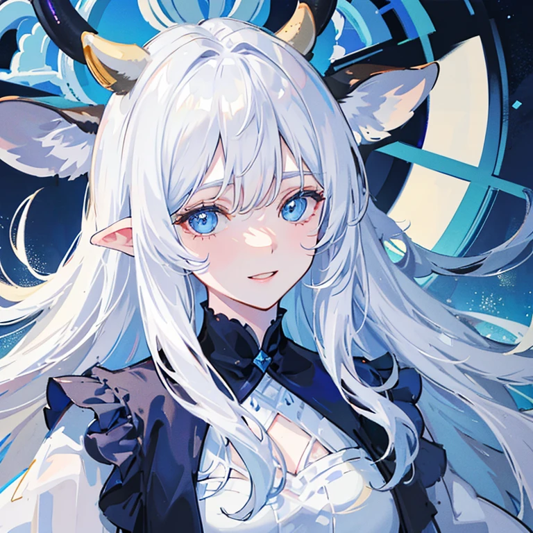Cow horns and ears. Closeup. Long white hair. Blue eyes. Pale skin. Smile. White and blue outfit.
