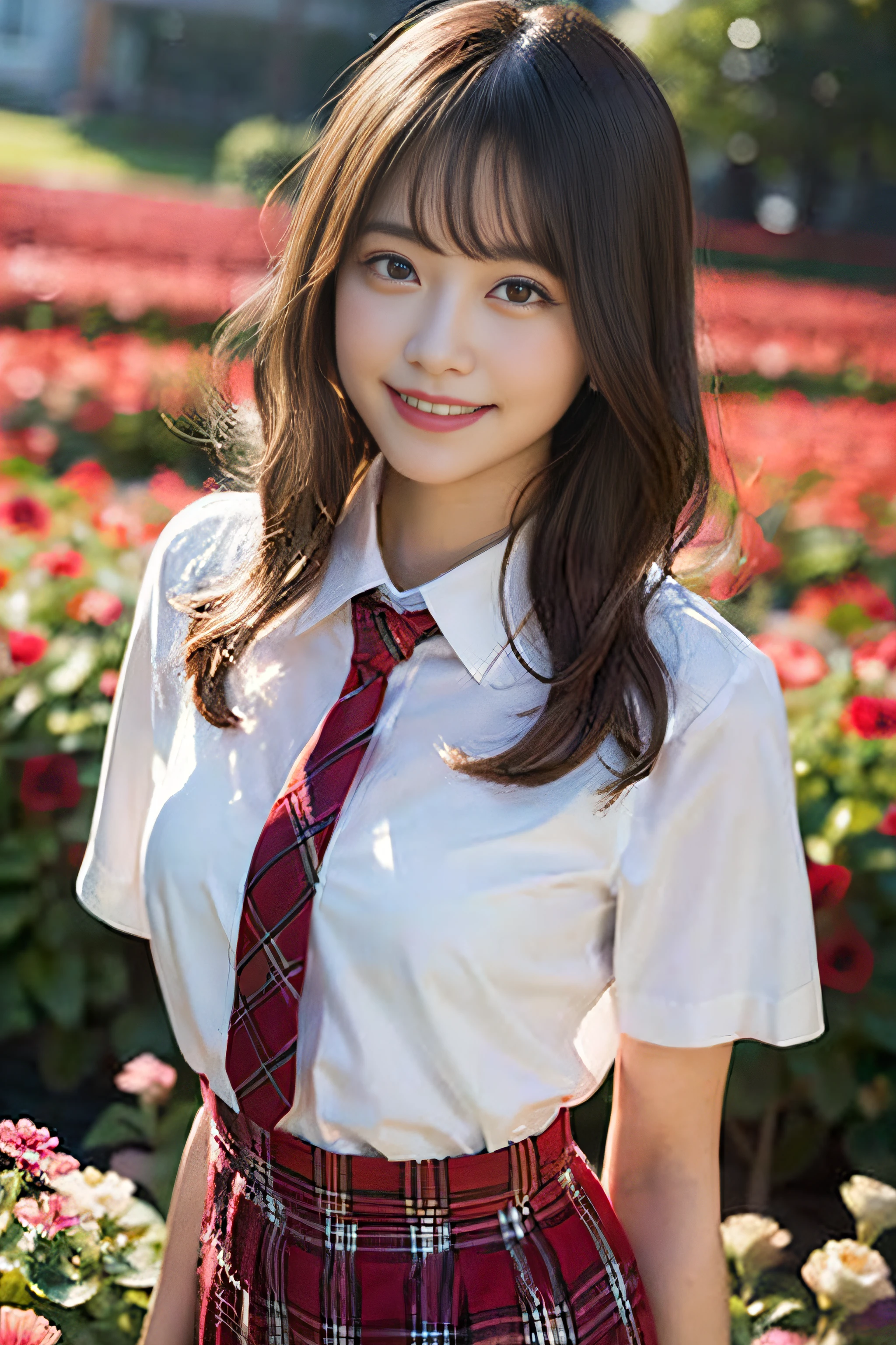 (8K、Raw photography、top-quality、masterpiece:1.2)、(realisitic、Photorealsitic:1.37)、ultra-detailliert、超A high resolution、女の子1人、see the beholder、beautifull detailed face、A smile、Constriction、(Slim waist) :1.3)、Beautiful detailed skin、Skin Texture、Floating hair、Professional Lighting、Whole human body、Longhaire、white shirt、shortsleeves、Red plaid skirt、Red plaid tie、Bob Hair、E-cup、Happy smile、、Red ribbons、a baby face、Childisuppin、Moising lips、flower field of light pink lips