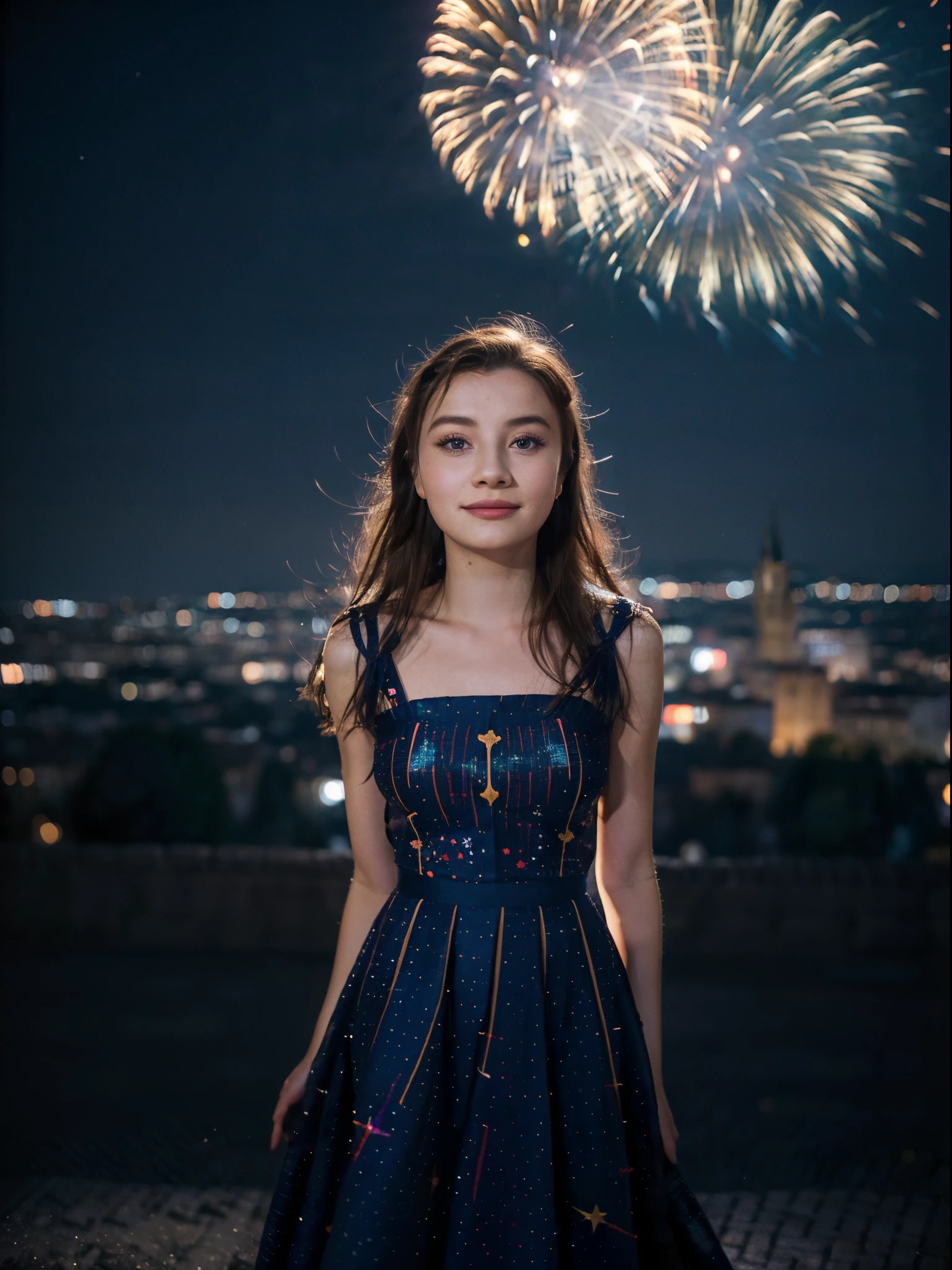 1girl, 20 years old, a beautiful girl ((looking at the night sky)), wearing an elegant and long dress, smile, happy, (firework: 1.2), a flame embroidered in the night sky, windy, prague, castle seen in the background, movie scene, cinematic light, very dark scene, (anamorphic lens bokeh: 1.4), composition from below, (la la land: 1.5)