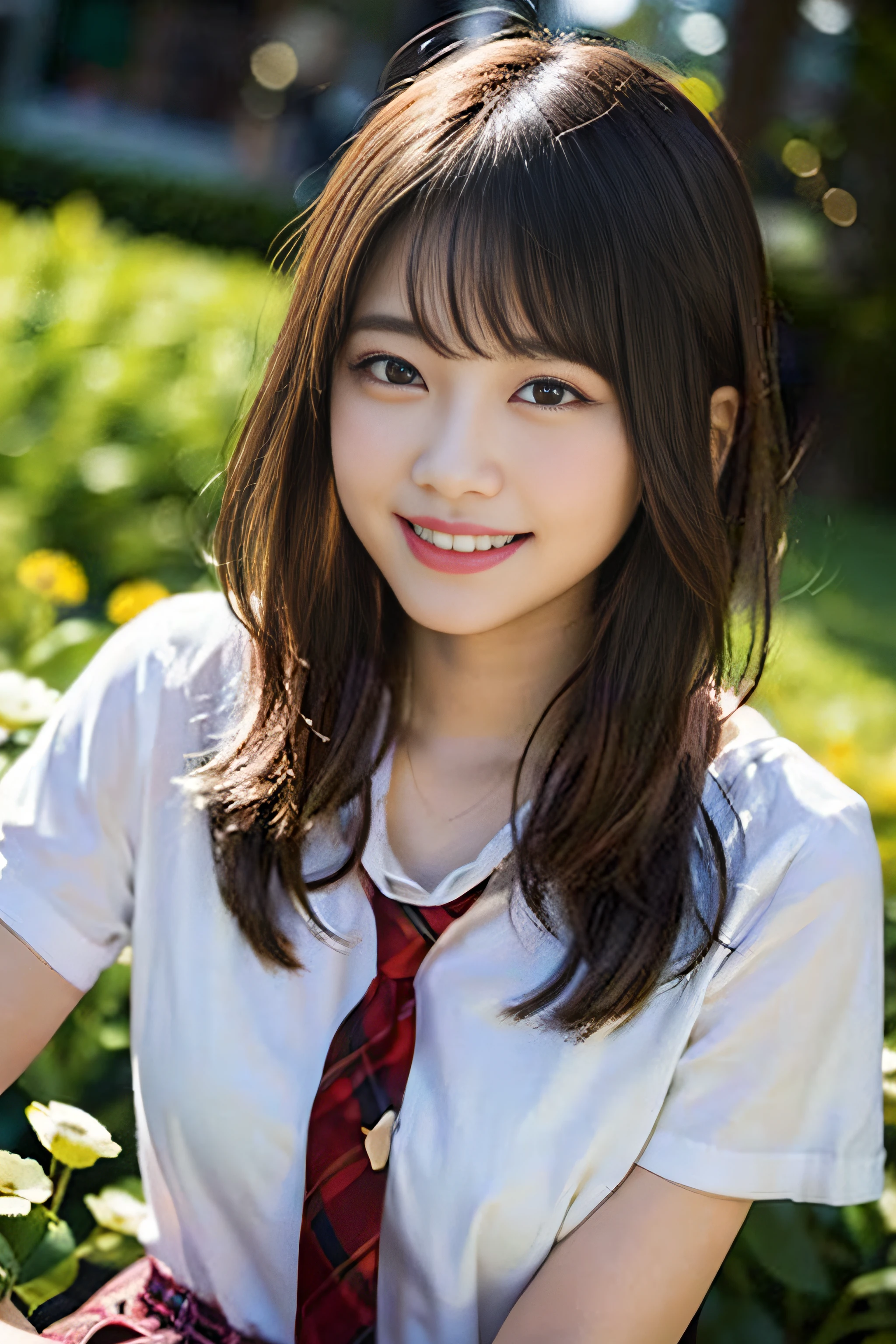(8K、Raw photography、top-quality、masterpiece:1.2)、(realisitic、Photorealsitic:1.37)、ultra-detailliert、超A high resolution、女の子1人、see the beholder、beautifull detailed face、A smile、Constriction、(Slim waist) :1.3)、Beautiful detailed skin、Skin Texture、Floating hair、Professional Lighting、Whole human body、Longhaire、white shirt、shortsleeves、Red plaid skirt、Red plaid tie、Bob Hair、E-cup、Happy smile、sixteen years old、Red ribbons、a baby face、Childish smile、Suppin、Moisturizing lips、flower field of light pink lips