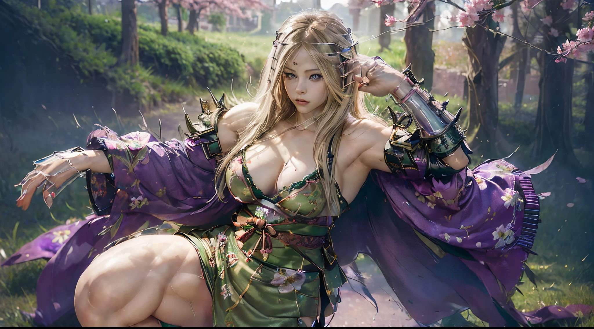 Best Quality, (Extremely detailed: 1.5), masterpiece, high resolution,(photographrealistic:1.4), beauty woman, Full body, Extra Long Straight Hair, (Kimono with deep purple floral pattern in Japan:1.3), y Pose, Standing, cherry trees, mid night, Moonlight, Wind, Dynamic Angle, Dynamic Pose,(cloaks:1.1), (((armor))), Glowing Green eyes, eyes emit green fire, (sex pale skin, (((((((clear skin))))))), ((((((muscular)))))), ((thick thighs)), ((Huge breast(((((Woman))))))), ((((Avril Lavigne))), F-cup boobs, detailes, deep eyes, muscular body, straight hair bangs, head to toe, perfect skin,