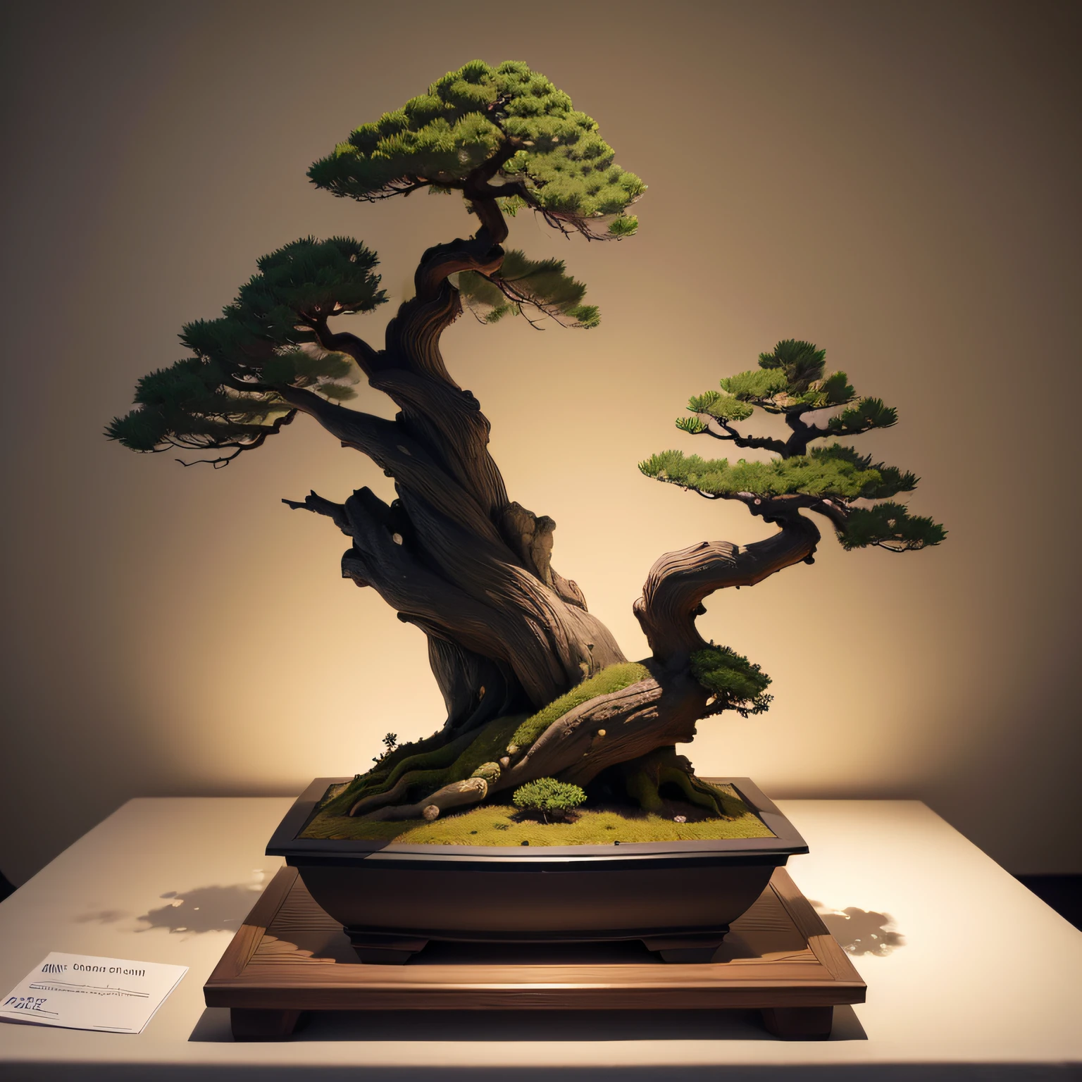 (masutepiece:1.3), (8K, Best Quality:1.4), black pine bonsai, Award-winning work at the World Bonsai Convention, Exhibition Stand, luxury pottery, Spotlight, Bonsai illuminated by lights in a dark room, No person
