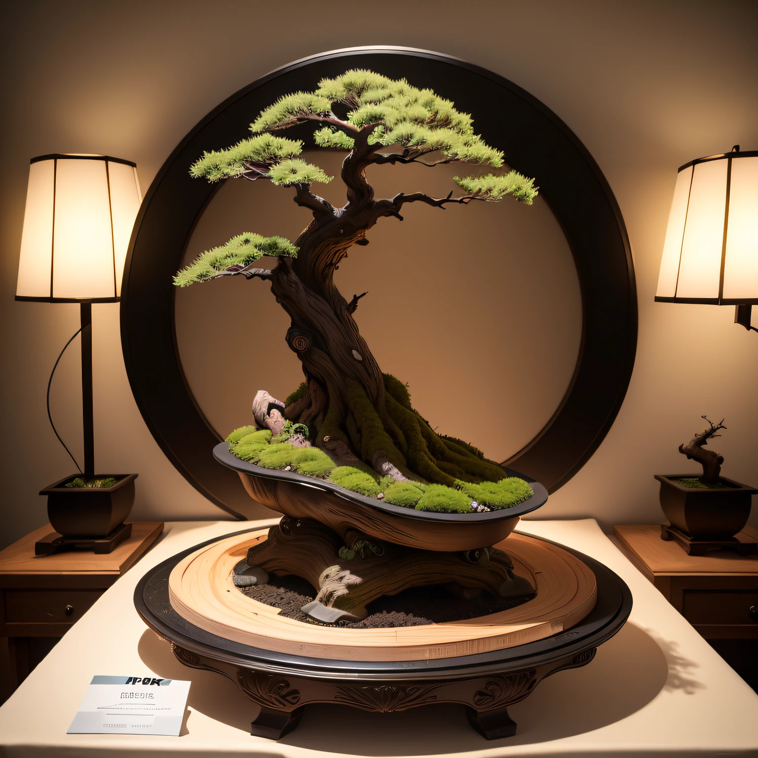 (masutepiece:1.3), (8K, Best Quality:1.4), black pine bonsai, Award-winning work at the World Bonsai Convention, Exhibition Stand, luxury pottery, Spotlight, Bonsai illuminated by lights in a dark room, No person
