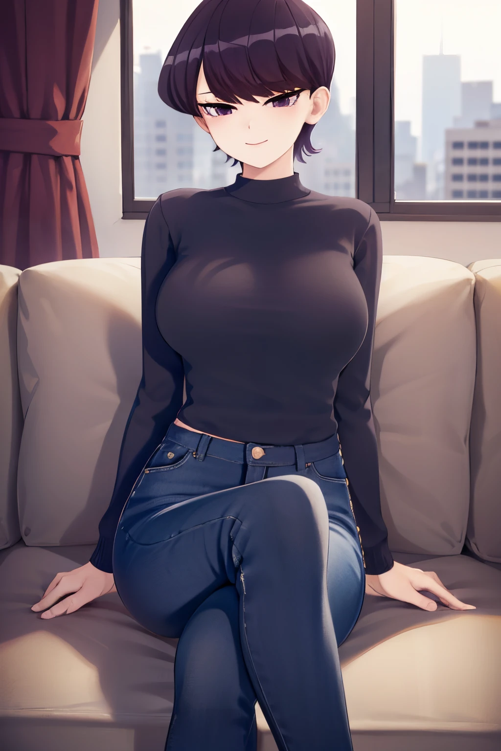 1girl, alone, komi shuuko, short hair, dark purple hair, with parting on the left side of the head, dark purple eyes, smiling, seductive, makeup, light pink lipstick, black sweater, tight long sleeve sweater, cleavage, blue jeans , tight jeans, black heels, big breasts, medium waist, medium hips, medium thighs, living room, sitting on sofa, legs crossed, night, open window, good lighting, excellent hands, excellent anatomy,