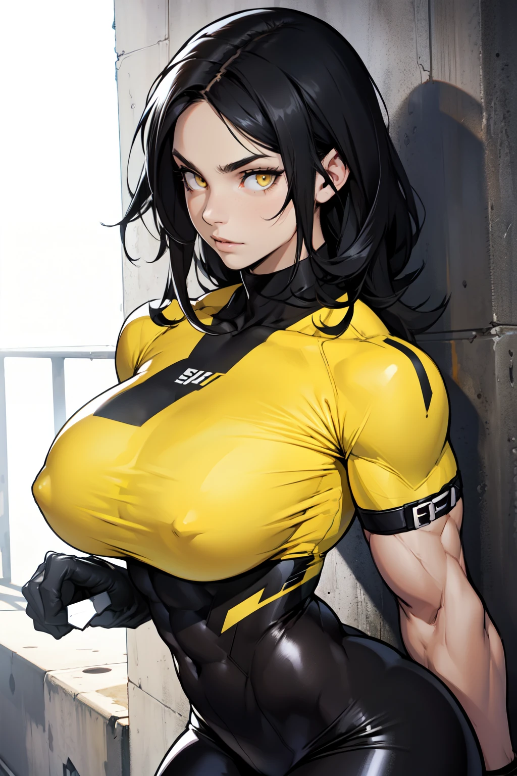 ((muscular girl)) huge breasts toned body black hair yellow eyes solo pale skin tight shirt solo solo