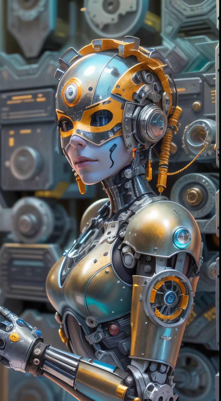 (Best quality,4K,8k,A high resolution,Masterpiece:1.2),Ultra-detailed,(Realstic,photoreallistic,photo-realistic:1.37),robot,(((Porter un masque de verre))),((Le visage entièrement couvert)),Shiny metallic skin,Mechanical parts of the body,Mechanical Gears & Gears, Surgical precision],Cyberpunk style background,Style artistique de science-fiction,Vibrant colors,high resolucion,Ultra-detailed,Realistic lighting effects,Bokeh.