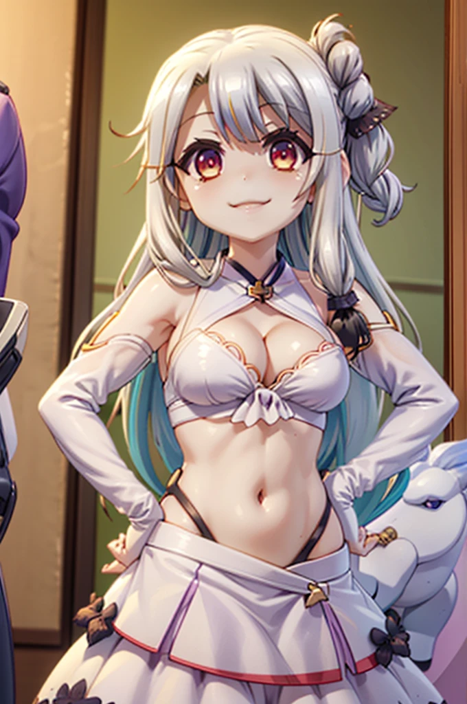 Illustration, 1girl, illyasviel von einzbern, (((unicorn (azur lane) ))), {{{fusion}}}, {{{agglutination}}}, combination, (((mature female))), (((standing))), (((hands on hips))), (((big breasts))), (((narrow shoulders))), (((narrow waist))), (((smile))), long hair, huge ass, hotel room, masterpiece, best qualityst, ((masterpiece)), ((best qualityst)), ((ultra detrailed)), upper body, {{{agglutination}}}, pose With hands on hips, (((look at the person's face))), (((face-to-face look))),