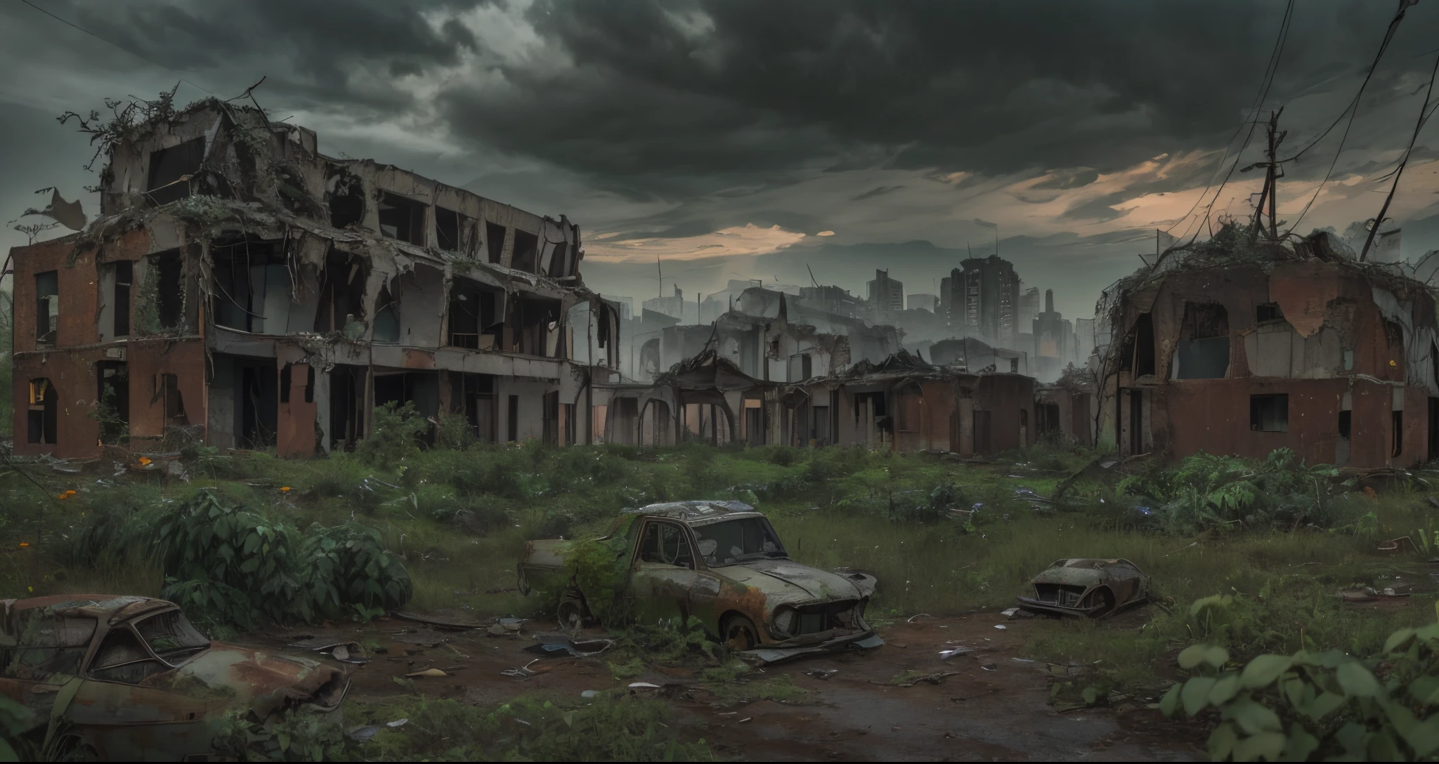 "Abandoned City, post-apocalyptic, desolate, crumbling architecture, overgrown with plants, eerie atmosphere, abandoned vehicles, hauntingly beautiful, dramatic lighting, rusted metal, decaying buildings, nature reclaiming the landscape." --auto --s2
