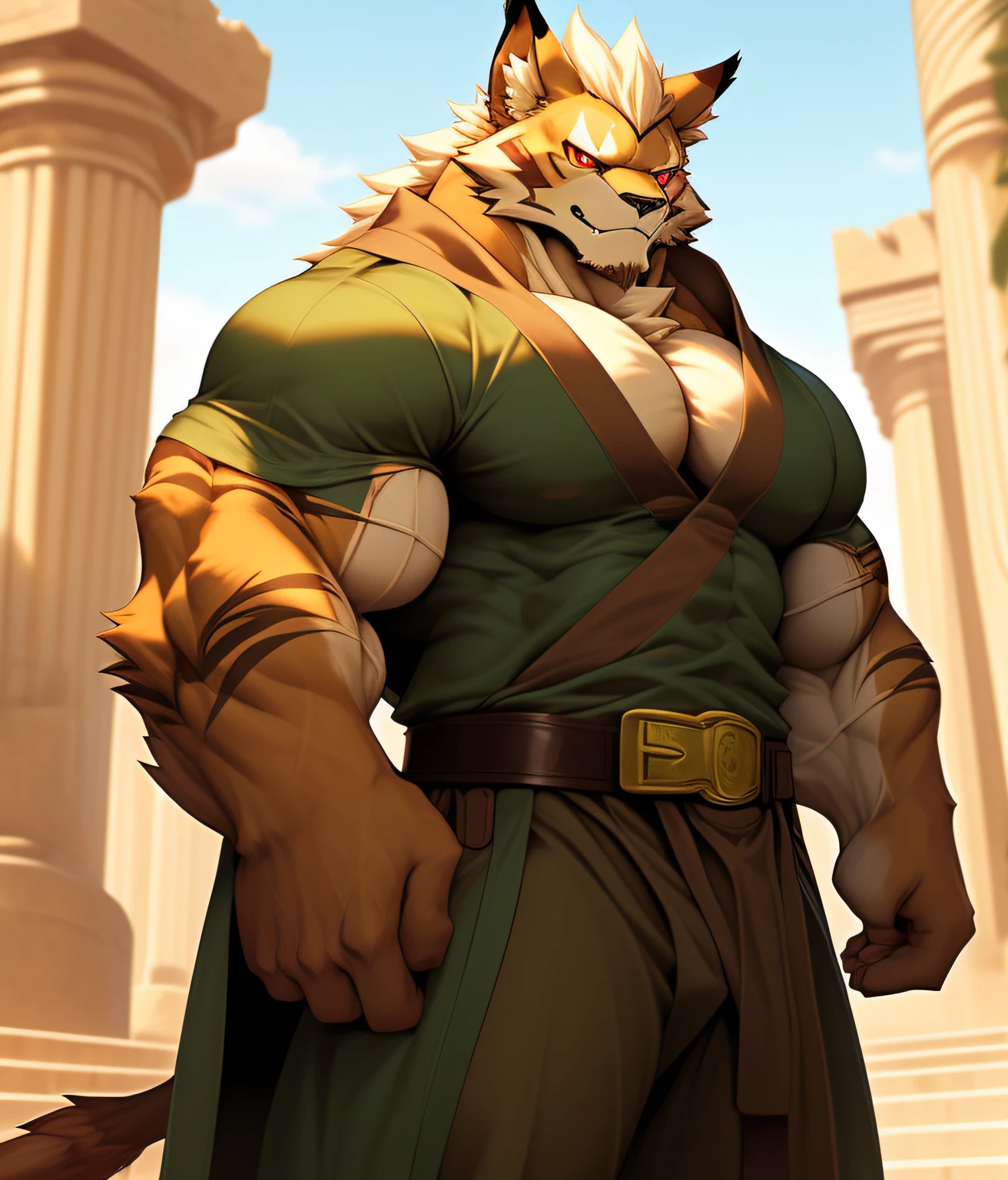 Culturista competitivo PRO, nj5pielry, (Leomon,16 years old, Masivo, enorme, muscular, GigaChad), (((((tunic. vestimenta.))))) Leomon, Cara joven, adolescente, ((Sombras extremadamente realistas, Obra maestra, extremadamente detallado, fotorrealista)), kemono, Mirando al espectador, ((frente)), mirada asesina, Leomon, ((Cara detallada)) nariz, ojos rojos, ((ojos detallados)), piel, piel, cabello, Me, altura 3 metros de altura, The optimal height, Tight clothing, 200 kg, Body full of huge muscles; pectorales musculosos y abultados, pectorales enormes, ((pectorales masivos)) ((pectorales enormes)) ABS rasgados, Ocho abdominales, Cuerpo en forma de V, cintura gruesa, piernas largas, Brazos fuertes y varoniles, cara hermosa, Atractivo tipo de rostro tranquilo y fresco con una sonrisa traviesa, Topless. Ruinas del Palacio, tag, sol, Rayos de sol; protuberancia de la entrepierna, lleva una bata abierta que deja ver enormes, muslos musculosos, (((He wears brown cloth pants., belt with brass buckle:1.2), (ojos detallados, ojos rojos:1.2) ropa, slightly open tunic. tunic. vestimenta.))), bulging biceps. Un culturista musculoso en ciernes. Un culturista competitivo PRO potencial y cuello abultado, pectorales visibles, ABS visible, Brazos a los lados.