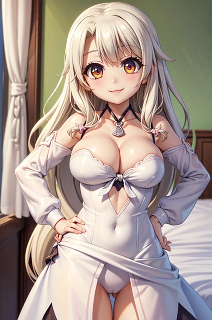 Illustration, 1girl, illyasviel von einzbern, unicorn (azur lane), {{{fusion}}}, {{{agglutination}}}, combination, (((mature female))), (((standing))), (((hands on hips))), (((big breasts))), (((narrow shoulders))), (((narrow waist))), (((smile))), long hair, huge ass, hotel room, masterpiece, best qualityst, ((masterpiece)), ((best qualityst)), ((ultra detrailed)), upper body, {{{agglutination}}}, pose With hands on hips, (((look at the person's face))), (((face-to-face look))),