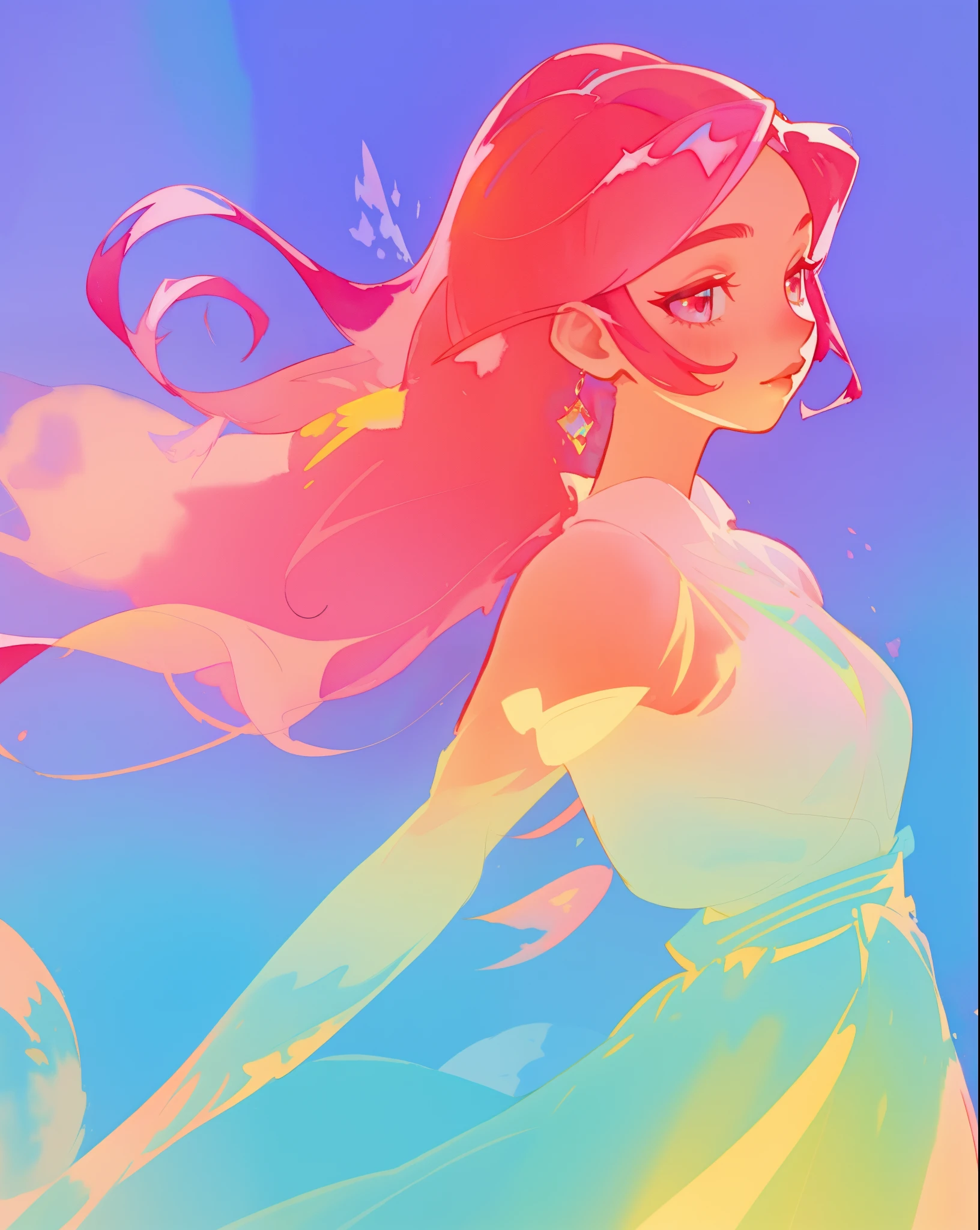 beautiful girl in colorful gradient flowing princess ballgown, long flowing red pink hair, colorful fantasia background, watercolor illustration, beautiful digital illustration, beautiful, masterpiece, best quality, beautiful face