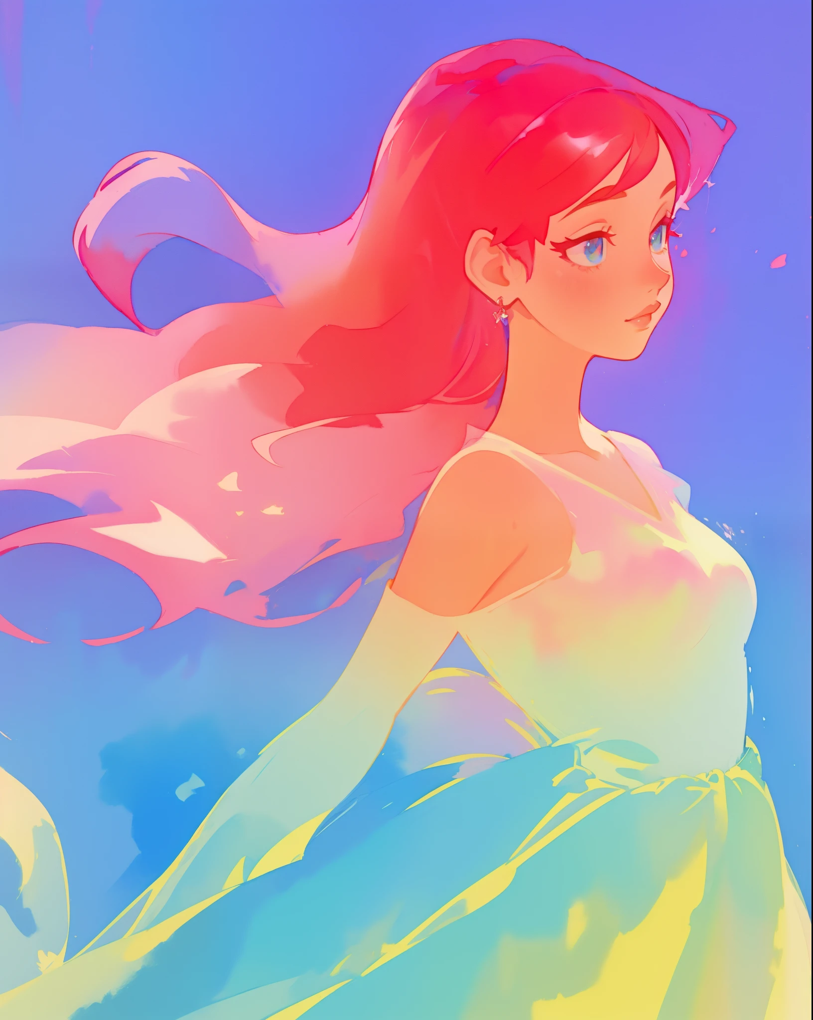 beautiful girl in colorful gradient flowing princess ballgown, long flowing red pink hair, colorful fantasia background, watercolor illustration, beautiful digital illustration, beautiful, masterpiece, best quality, beautiful face