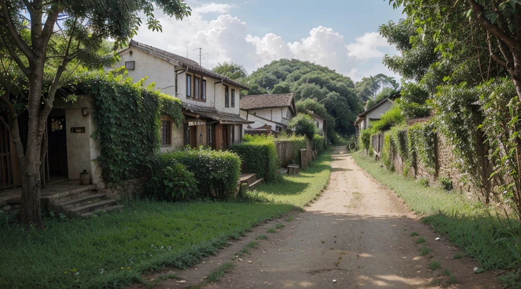 Beautiful village where people are roaming, ground level view, human eye view, greenery, village lane