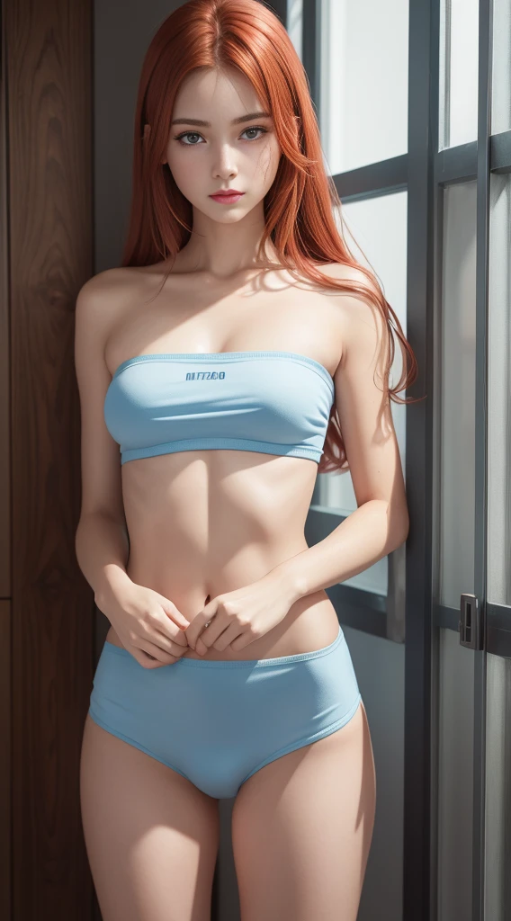 (ultra real), (full body), (high resolution), (8K), (very detailed), (best illustration), (beautiful detailed eyes), red-haired Brazilian girl wearing light blue strapless t-shirt