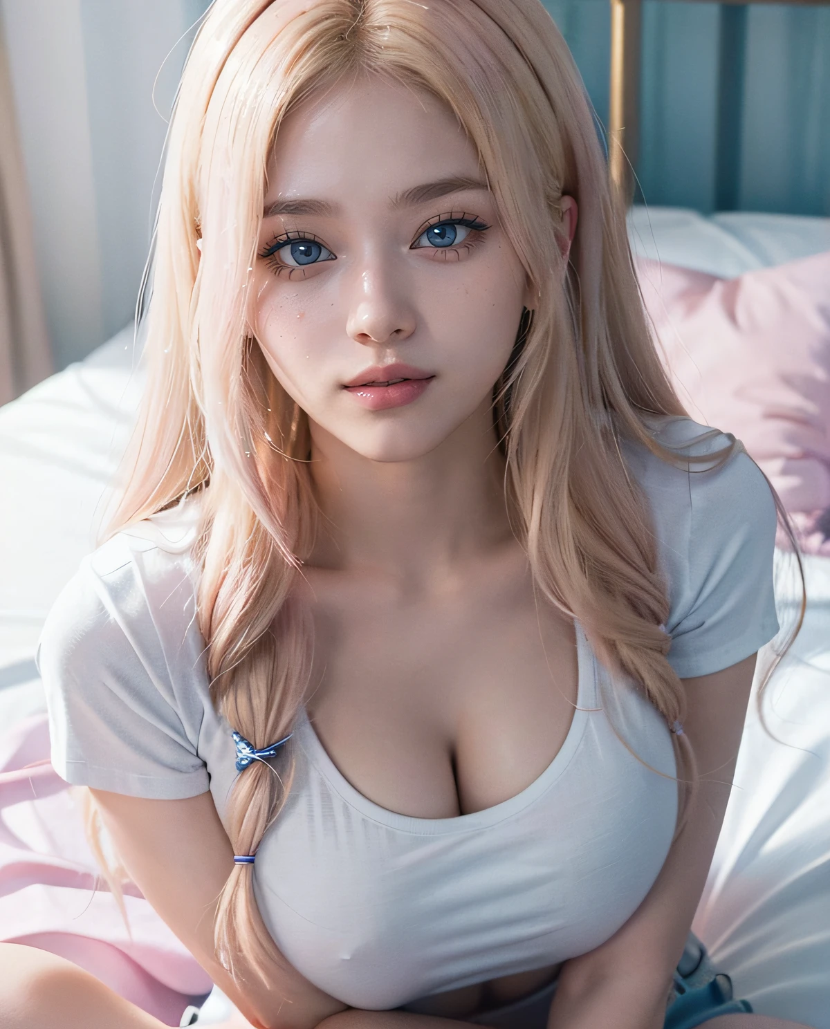 1girl, (ojos azules), (They are smiling), (En nombre de Minaj), caderas anchas, tetas grandes, grande, (La mejor calidad, 8k, Obra maestra: 1.3), Manos perfectas, Enfoque claro: 1.2, Belleza corporal perfecta: 1.4 , abdominales delgados: 1.2, Highly Detailed Face and Skin Texture, ojos detallados, 双眼皮, (maquillaje rosa con brillo :1.2), (Cabello largo rubio :1.2), escote camiseta blanca y pantalones cortos de mezclilla, (Primer plano en la cara :1.3), staring at the camera, Sentado en la cama, in a pink room