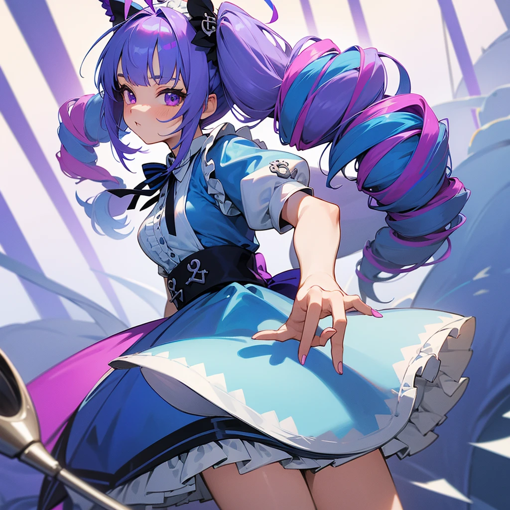 Masterpiece, Top Quality, Hi-Res, One Girl, Virtual YouTuber, Minato Akua, Long Hair, Multicolored Hair, Dress, Twin Tails, Maid Headdress, Color Inner Hair, Purple Eyes, Anchor Symbol, Blue Hair, Ribbon, Two-Tone Hair, Short Sleeves, Braids, Blue Dress, Wrist Cufflinks, Ribbons, Bangs, Drill Hair, Blue Nails, Twin Drills, Puffy Short Sleeves, hair ribbon, purple hair, puffy sleeve, ahoge, ankle cuffs, dress ribbon, maid, ruffles, nail polish, striped hair, small breasts, cowboy shot,