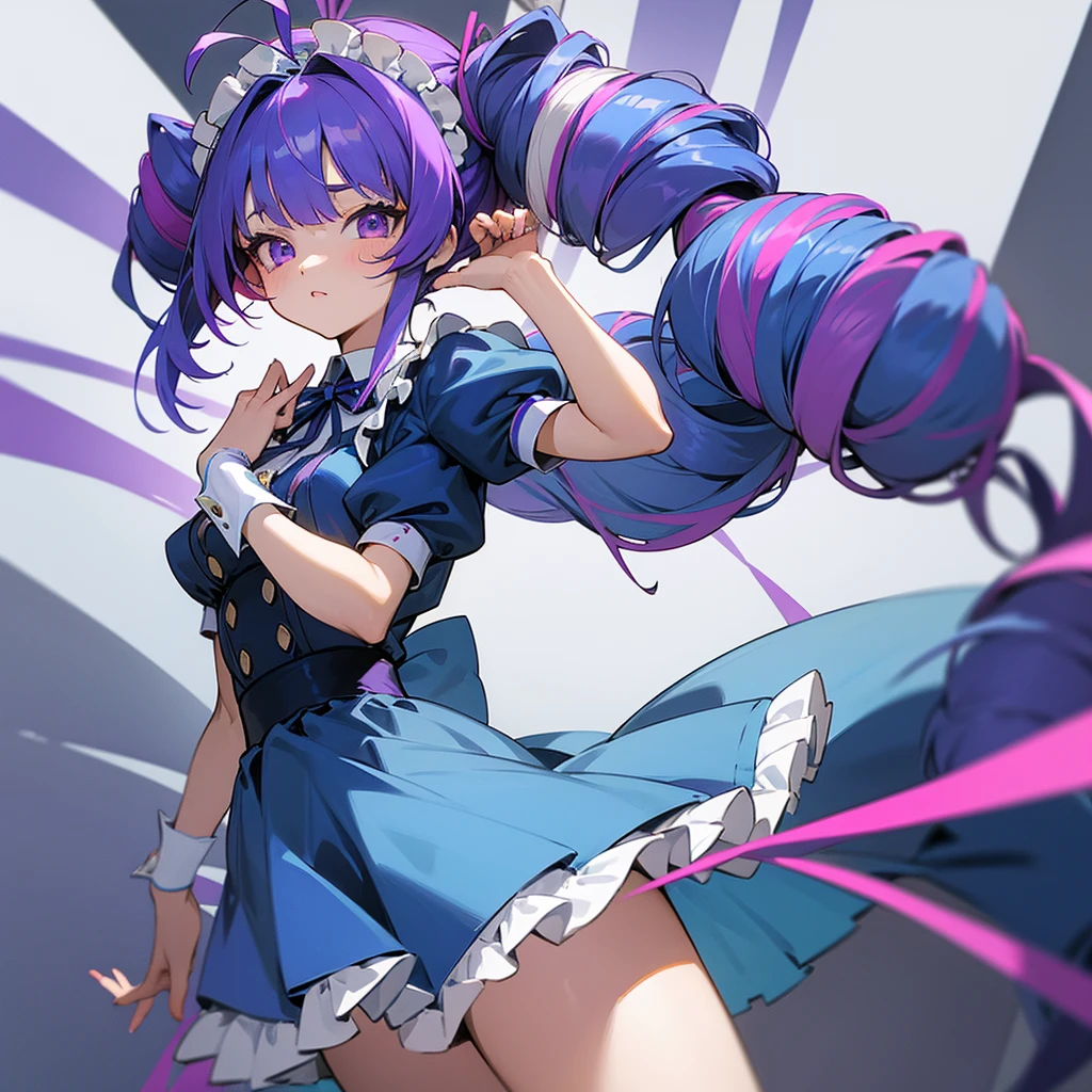 Masterpiece, Top Quality, Hi-Res, One Girl, Virtual YouTuber, Minato Akua, Long Hair, Multicolored Hair, Dress, Twin Tails, Maid Headdress, Color Inner Hair, Purple Eyes, Anchor Symbol, Blue Hair, Ribbon, Two-Tone Hair, Short Sleeves, Braids, Blue Dress, Wrist Cufflinks, Ribbons, Bangs, Drill Hair, Blue Nails, Twin Drills, Puffy Short Sleeves, hair ribbon, purple hair, puffy sleeve, ahoge, ankle cuffs, dress ribbon, maid, ruffles, nail polish, striped hair, small breasts, cowboy shot,