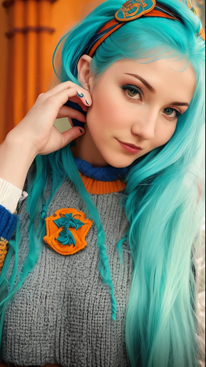 A woman with blue hair and an orange sweater and a green headband, irina nordsol kuzmina, style of julia razumova, anna nikonova aka newmilky, wearing hogwarts!!! robes!!!, anastasia ovchinnikova, evanna lynch, hogwarts style, in hogwarts, angelina stroganova, yelena belova, sofya emelenko