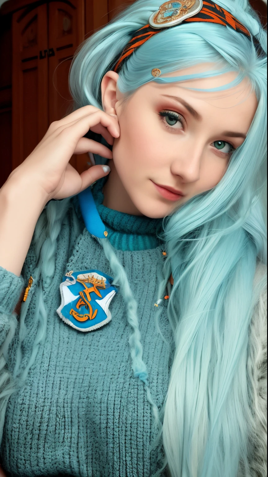 A woman with blue hair and an orange sweater and a green headband, irina nordsol kuzmina, style of julia razumova, anna nikonova aka newmilky, wearing hogwarts!!! robes!!!, anastasia ovchinnikova, evanna lynch, hogwarts style, in hogwarts, angelina stroganova, yelena belova, sofya emelenko