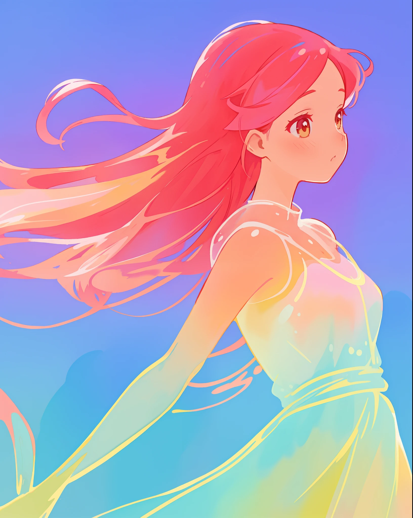 beautiful girl in colorful gradient flowing liquid dress, long flowing red pink hair, colorful fantasia background, watercolor illustration, beautiful digital illustration, beautiful, masterpiece, best quality, beautiful face
