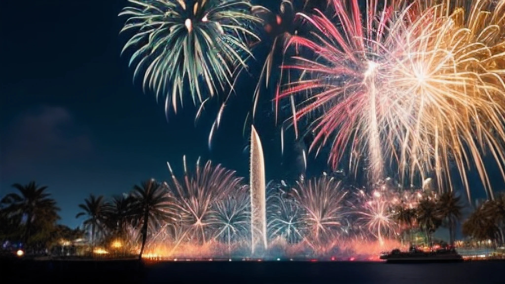 fireworks in the dark with a palm tree in the foreground, firework, fireworks in background, fireworkireworks in the sky ]!!, firework smoke trails, fireworks in the background, fireworks on the background, fourth of july, pexels, pyrotechnics, colourful explosion, 4th of july, exposure 1/40secs, istock, celebration