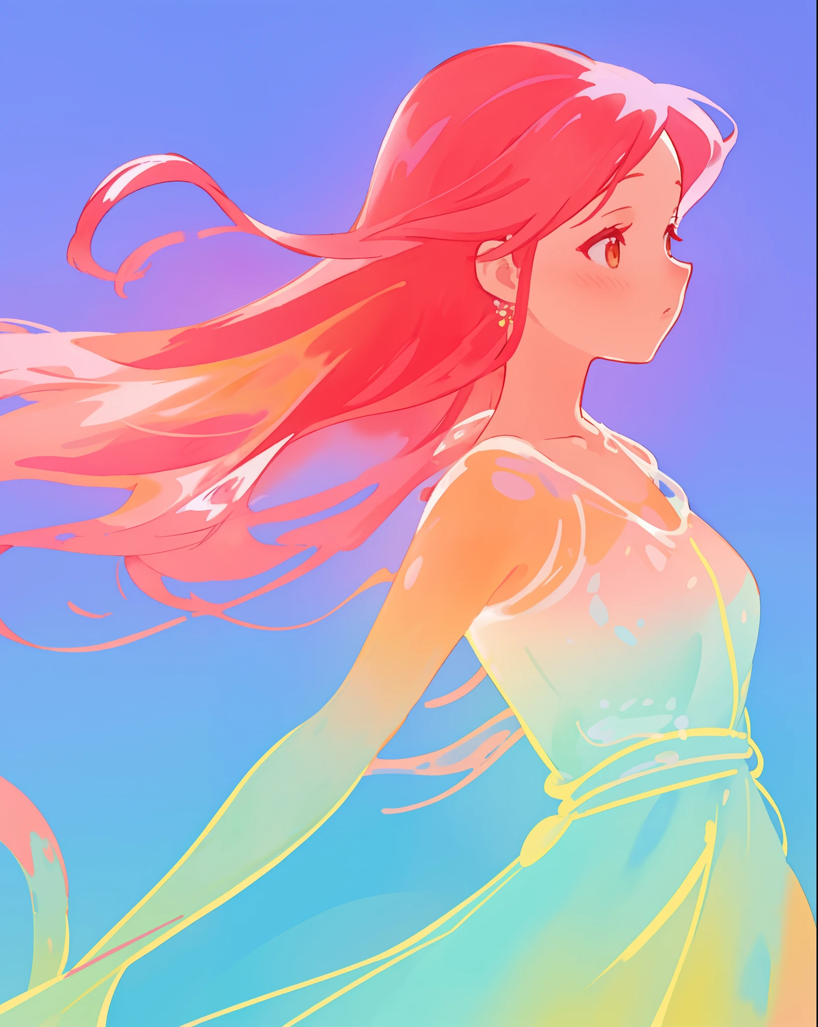 beautiful girl in colorful gradient flowing liquid dress, long flowing red pink hair, colorful fantasia background, watercolor illustration, beautiful digital illustration, beautiful, masterpiece, best quality, beautiful face