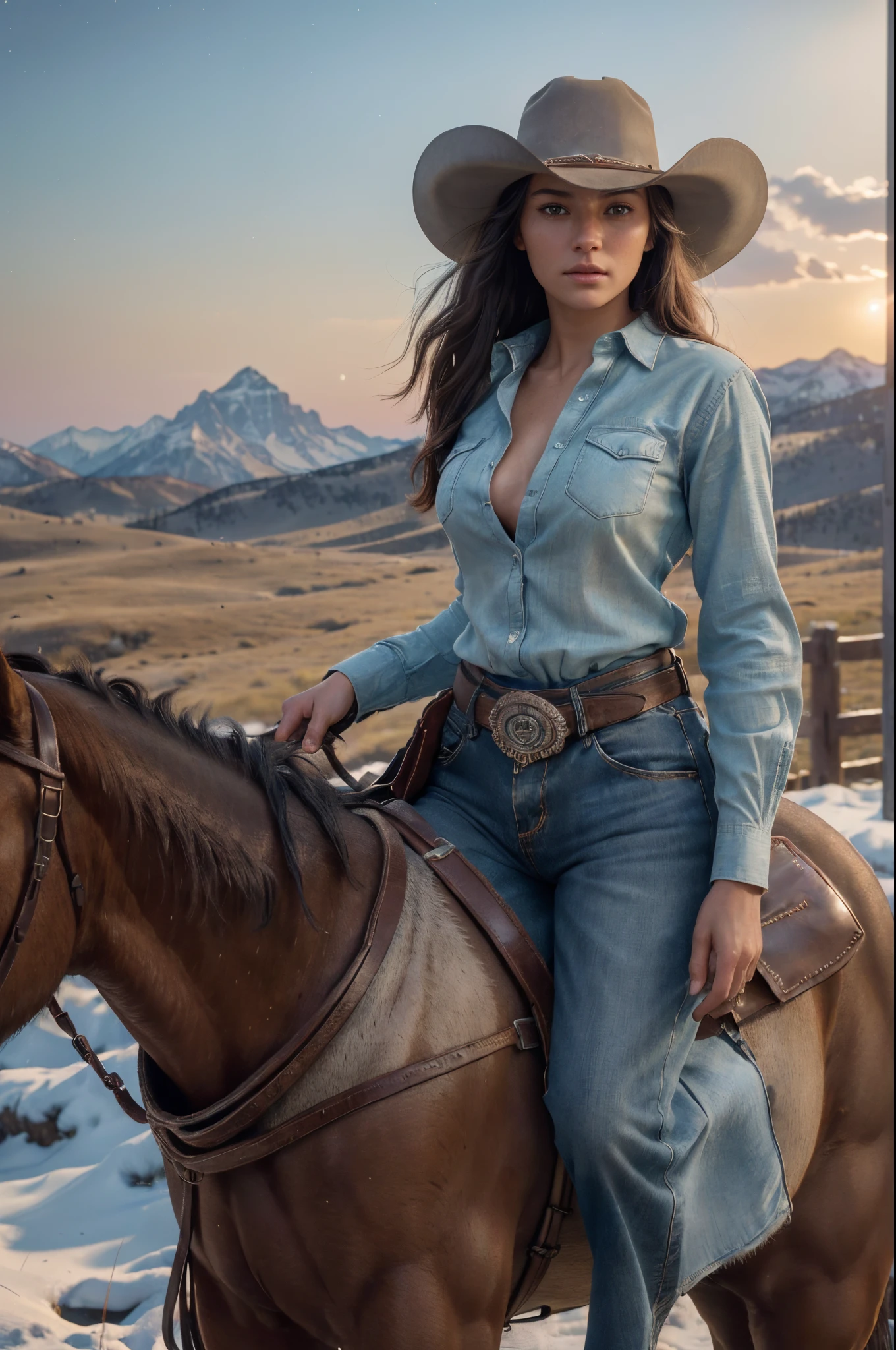 Full shot, full body portrait, beautiful woman, aged25, riding a horse across a Wyoming range, wearing shorts and (((fully unbuttoned western shirt))), no hat, long flowing hair, beautiful tanned legs, 8 k lighting, night sky, snow capped montains in the distance, 4k extremely photorealistic, uhd 4k highly detailed, ((ethereal lighting, ultra-high res.photorealistic:.1.4, (high detailed skin:1.2), 8k uhd, dslr, high quality, film grain, Fujifilm XT3,(masterpiece) (best quality) (detailed) (cinematic lighting) (sharp focus) (intricate)