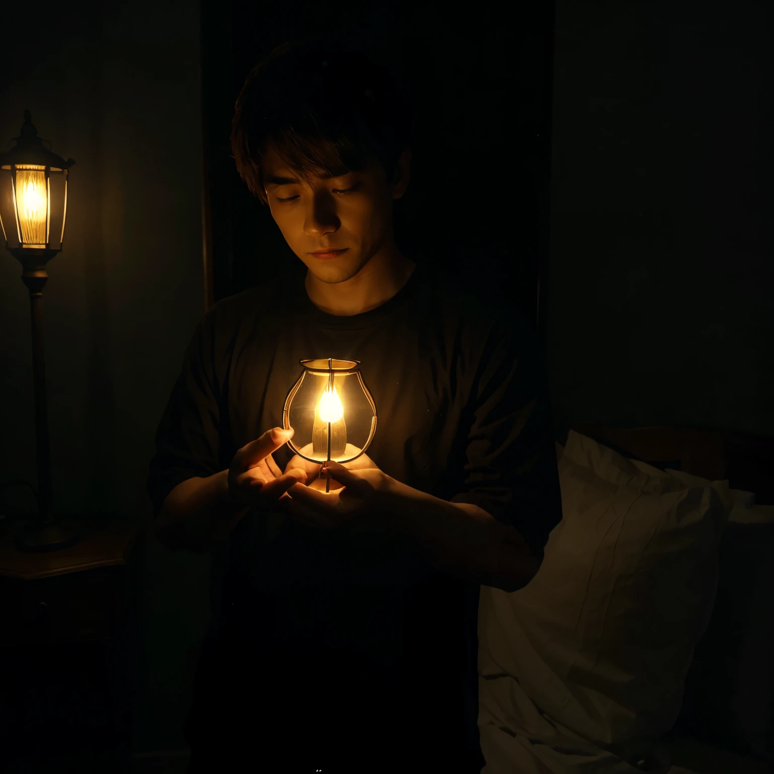 He holds a lamp，Coming from the depths of darkness。
Illuminates the darkness，
It brings hope and I don’t know the direction，
The lamp of the heart illuminates despair along the way