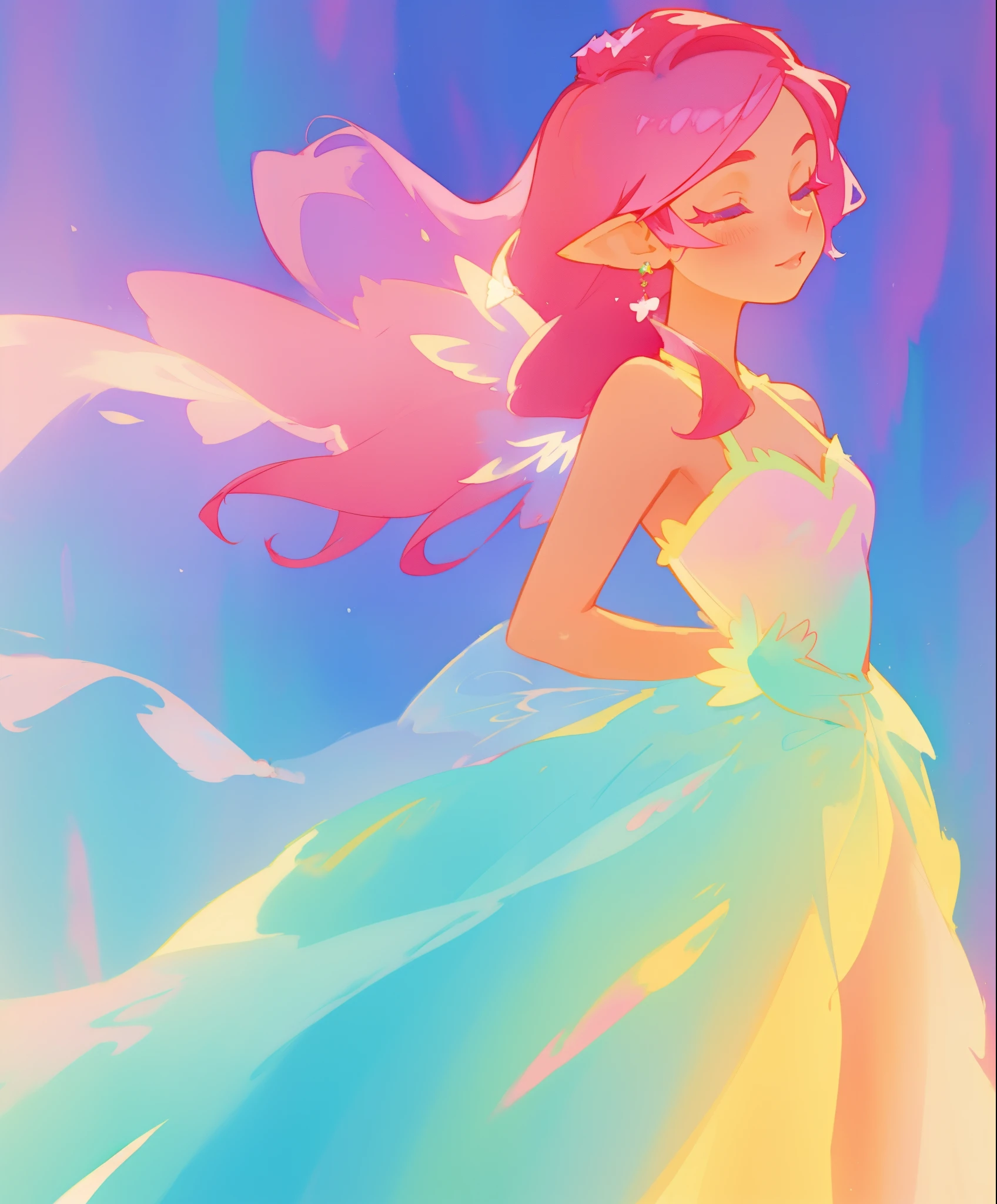 beautiful fairy girl in colorful gradient princess ballgown, fairy wings, fairy princess, long flowing red pink hair, colorful fantasia background, watercolor illustration, disney art style, beautiful digital illustration, beautiful, masterpiece, best quality, anime disney style, beautiful face