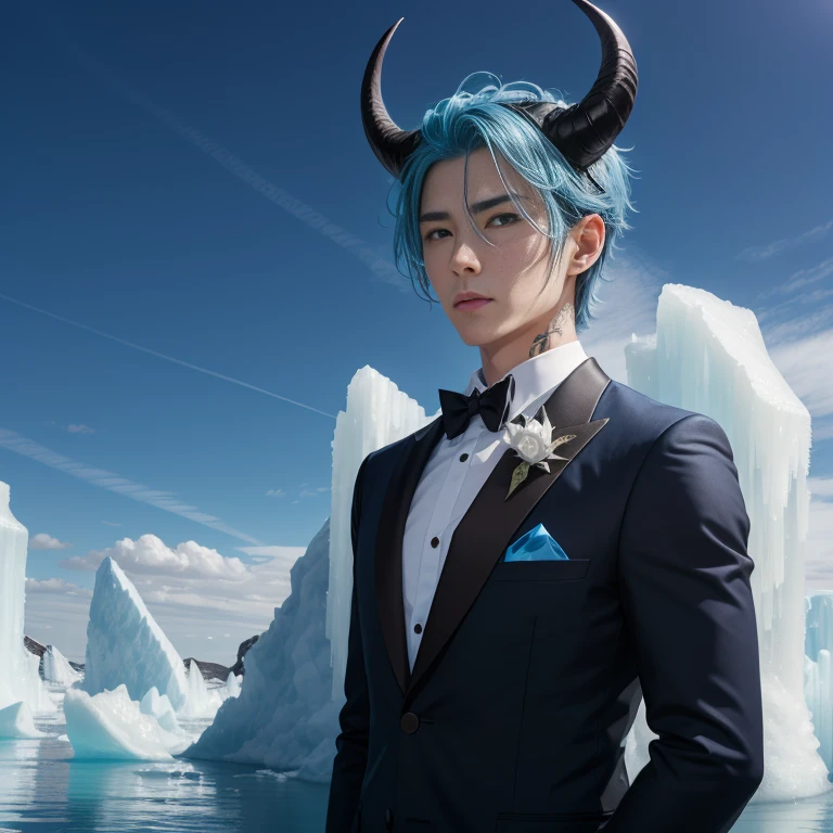 Blue Devil、blue hairs、Blue eyes、blue tuxedo、Have an ice sword、The background is blue sky and icebergs、horns grow