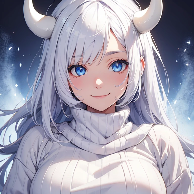 blue eyes, white hair, cow horns, smile, :3, wink, white wool sweater, white background, cute, soft