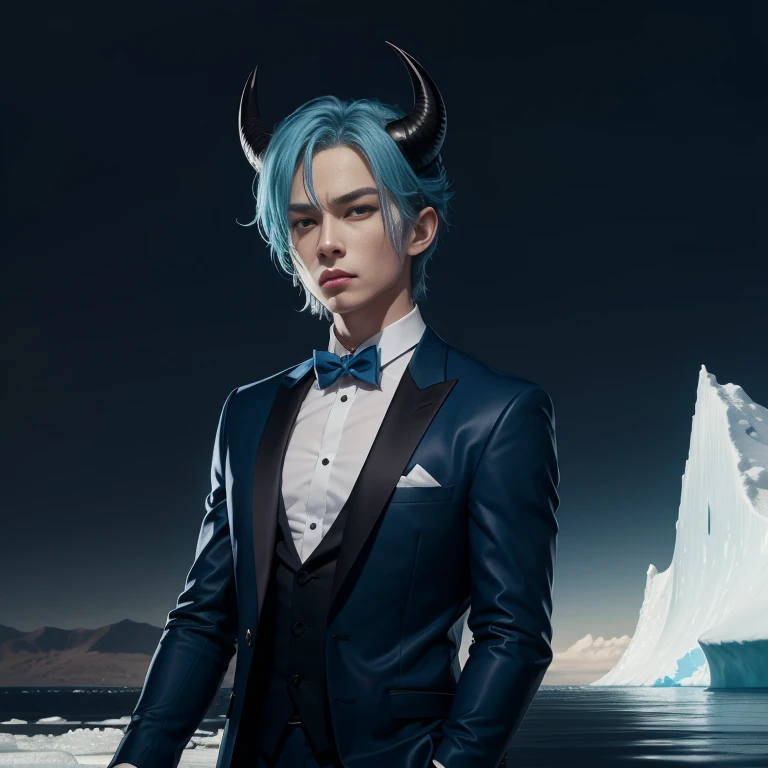 Blue Devil、blue hairs、Blue eyes、blue tuxedo、Have an ice sword、The background is an iceberg、horns grow