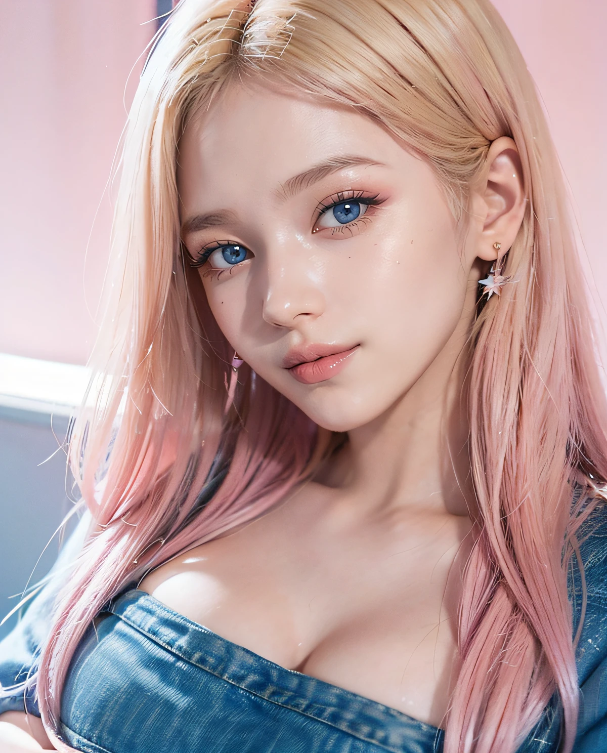 1girl, (ojos azules), (They are smiling :1.2), (En nombre de Minaj), caderas anchas, tetas grandes, grande, (La mejor calidad, 8k, Obra maestra: 1.3), Manos perfectas, Enfoque claro: 1.2, Belleza corporal perfecta: 1.4 , abdominales delgados: 1.2, Highly Detailed Face and Skin Texture, ojos detallados, 双眼皮, labios brillantes, (maquillaje rosa con brillo :1.2), (Cabello largo rubio :1.2), escote camiseta blanca y pantalones cortos de mezclilla, (Primer plano en la cara :1.3), staring at the camera, En pie, in a pink room