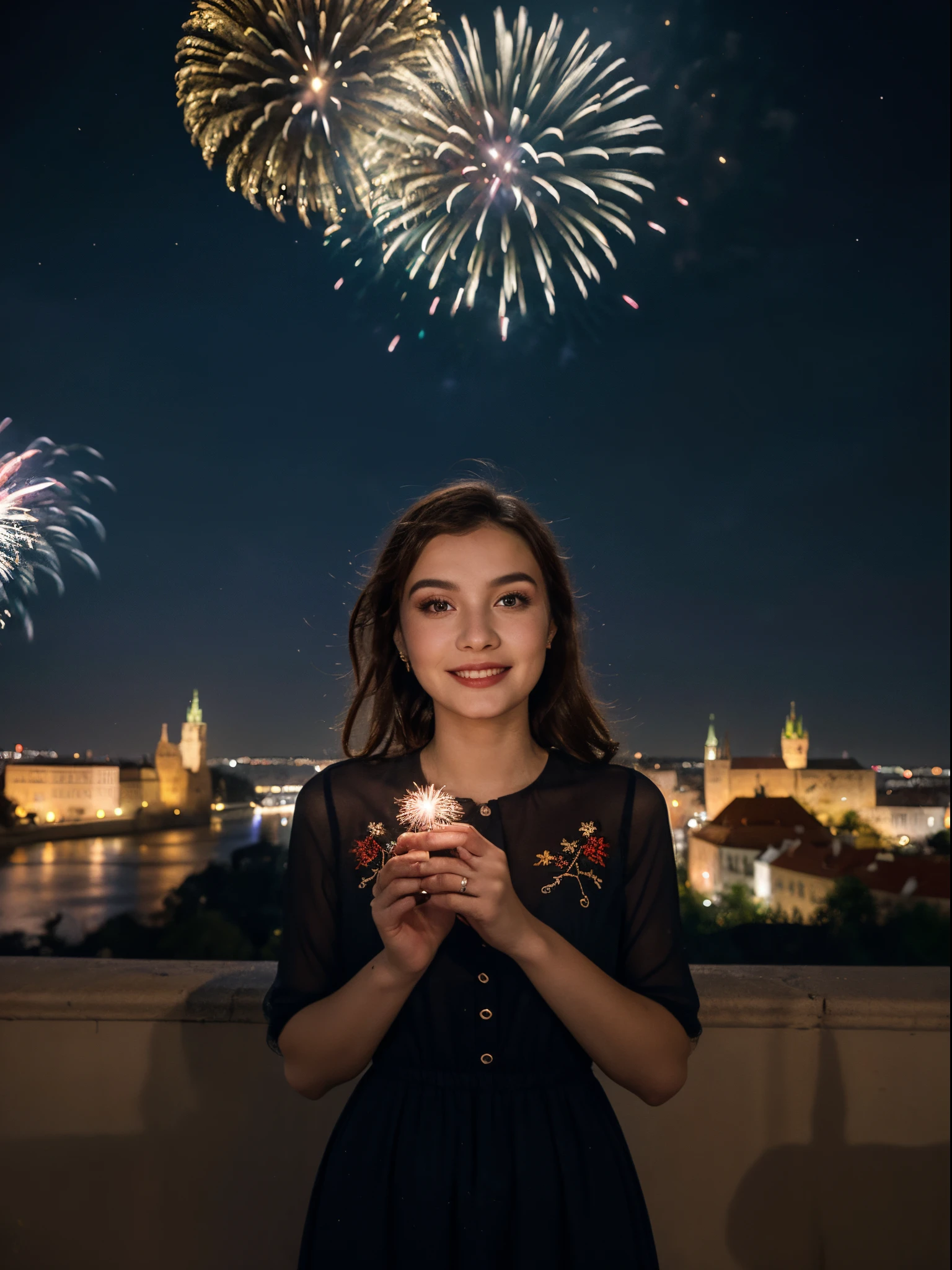 1girl, 20 years old, a beautiful girl ((looking at the night sky)), wearing an elegant and long dress, smile, happy, (firework: 1.2), a flame embroidered in the night sky, windy, prague, castle seen in the background, movie scene, cinematic light, very dark scene, (anamorphic lens bokeh: 1.4), composition from below, (la la land: 1.5)