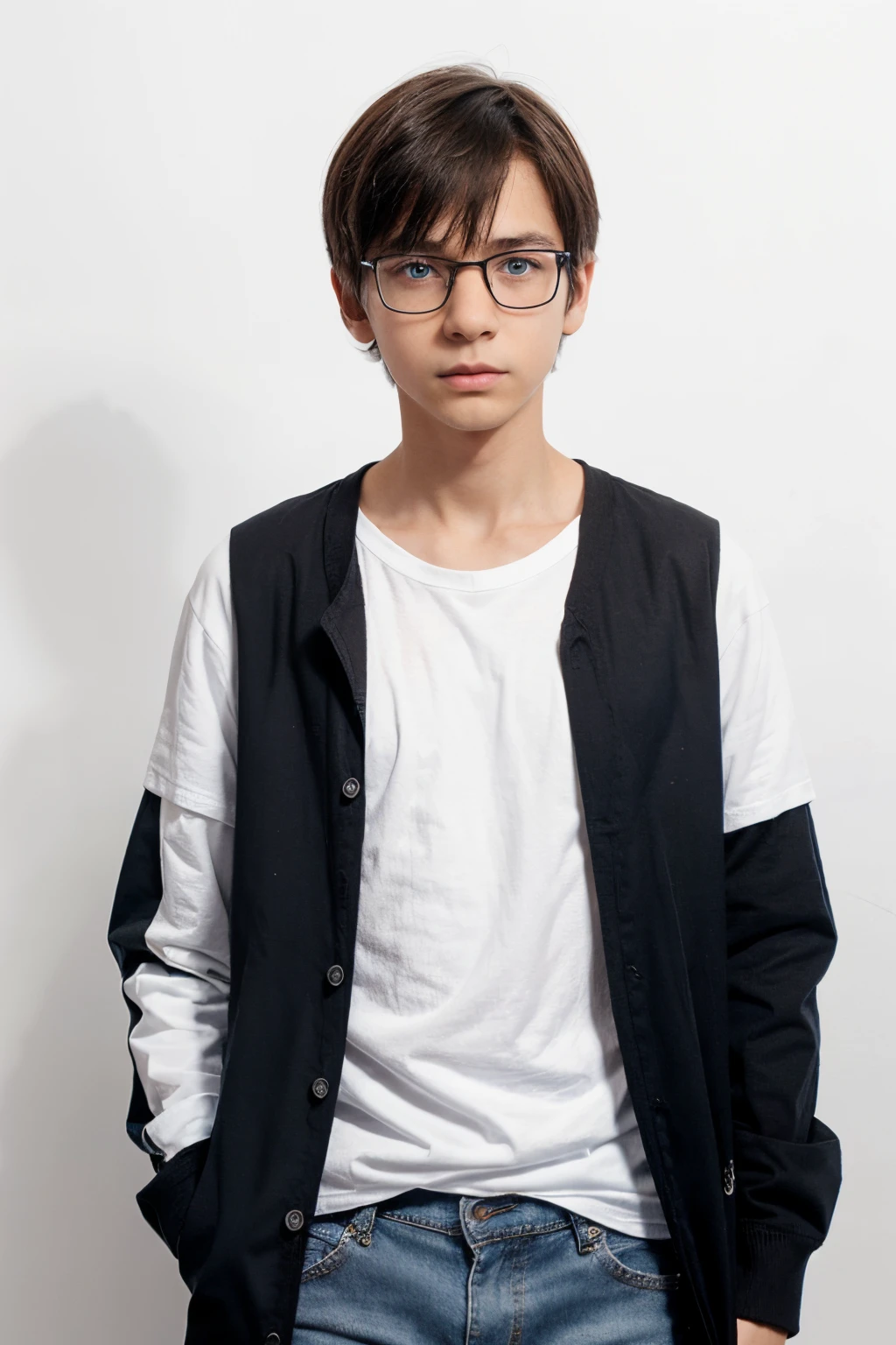 (11 year old boy) (slender body) (thin body), (black hair) (blue eyes) (white skin) glasses, thin hips, thin thighs, collarbone, ribs, sad and gentle expression. full body, Western face, thin nose, shy boy. ((Location: nerdy men's room)) (casual clothes) white t-shirt, jeans, sneakers, straight hair. long shirt, coat. short, short stature.((white background))