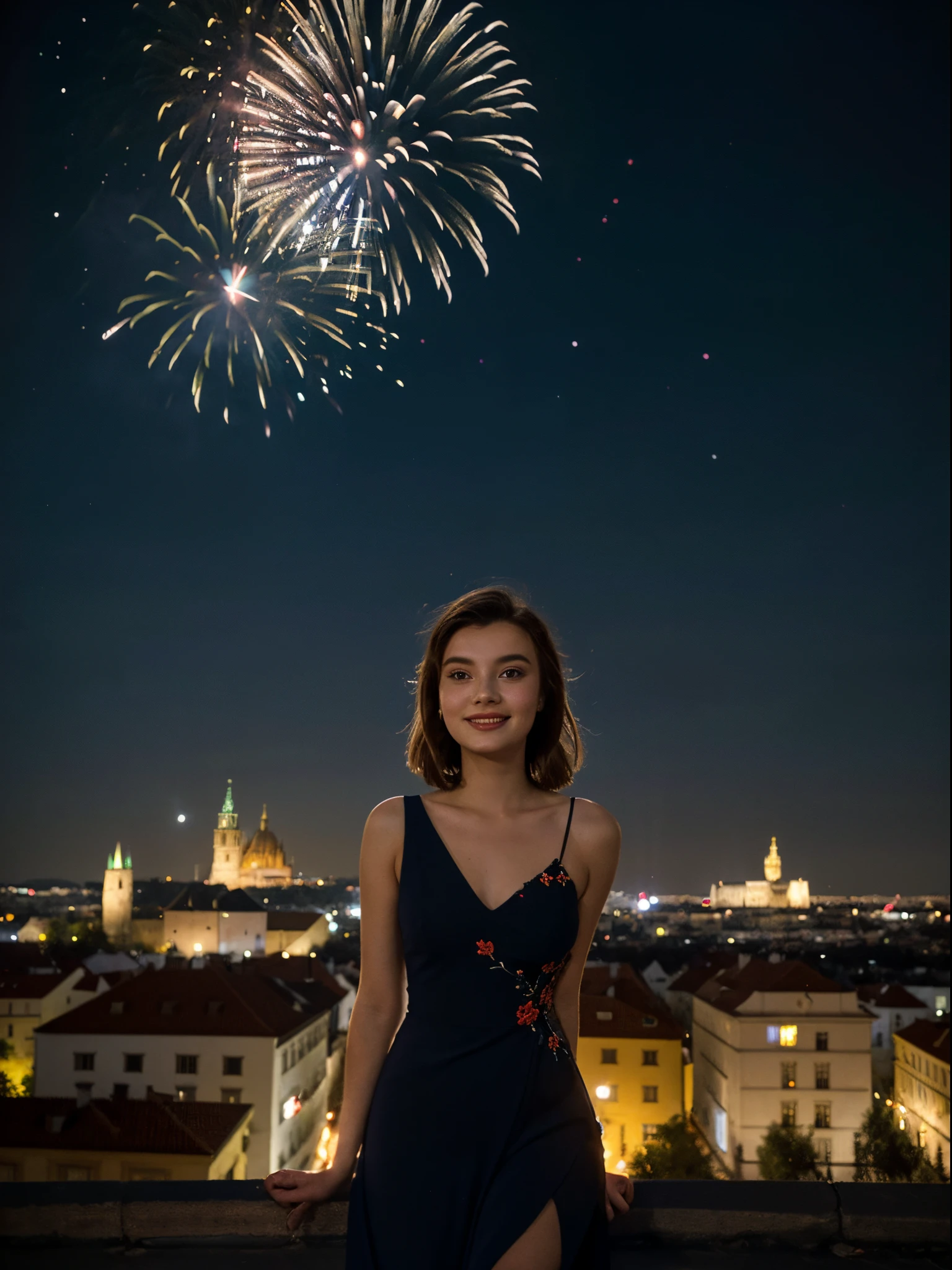 1girl, 20 years old, a beautiful girl ((looking at the night sky)), wearing an elegant and long dress, smile, happy, (firework: 1.2), a flame embroidered in the night sky, windy, prague, castle seen in the background, movie scene, cinematic light, very dark scene, (anamorphic lens bokeh: 1.4), composition from below, (la la land: 1.5)