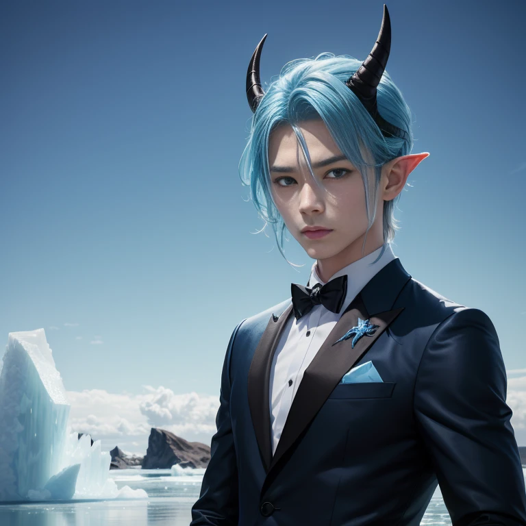 Blue Devil、blue hairs、Blue eyes、light blue tuxedo、Have an ice sword、The background is blue sky and icebergs、horns grow