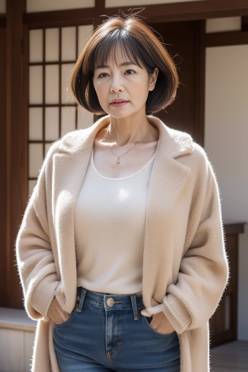 (((58 year old Japanese woman))), ((Sagging under the eyes)),(((nasolabial folds))),masutepiece, Best Quality, Photorealsitic, super detailed skin, Sharpen, Perfect ???????,Temples in Kyoto,???????,独奏,Longhaire,((old body)), (((Sagging udder))), (thick waist),(flabby body)(,Plump body),bunk butt,Serious look,Mature AV Actress, glamor, A sexy,(((Fair skin with many wrinkles))),small diamond necklace,Brown coat,Long sleeveTThe shirt,Long skirt in jeans,Staring at this,