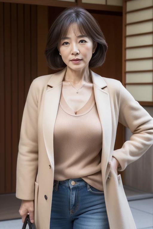 (((58 year old Japanese woman))), ((Sagging under the eyes)),(((nasolabial folds))),masutepiece, Best Quality, Photorealsitic, super detailed skin, Sharpen, Perfect Anatomy,Temples in Kyoto,Anatomy,独奏,Longhaire,((old body)), (((Sagging udder))), (thick waist),(flabby body)(,Plump body),bunk butt,Serious look,Mature AV Actress, glamor, A sexy,(((Fair skin with many wrinkles))),small diamond necklace,Brown coat,Long sleeveTThe shirt,Long skirt in jeans,Staring at this,