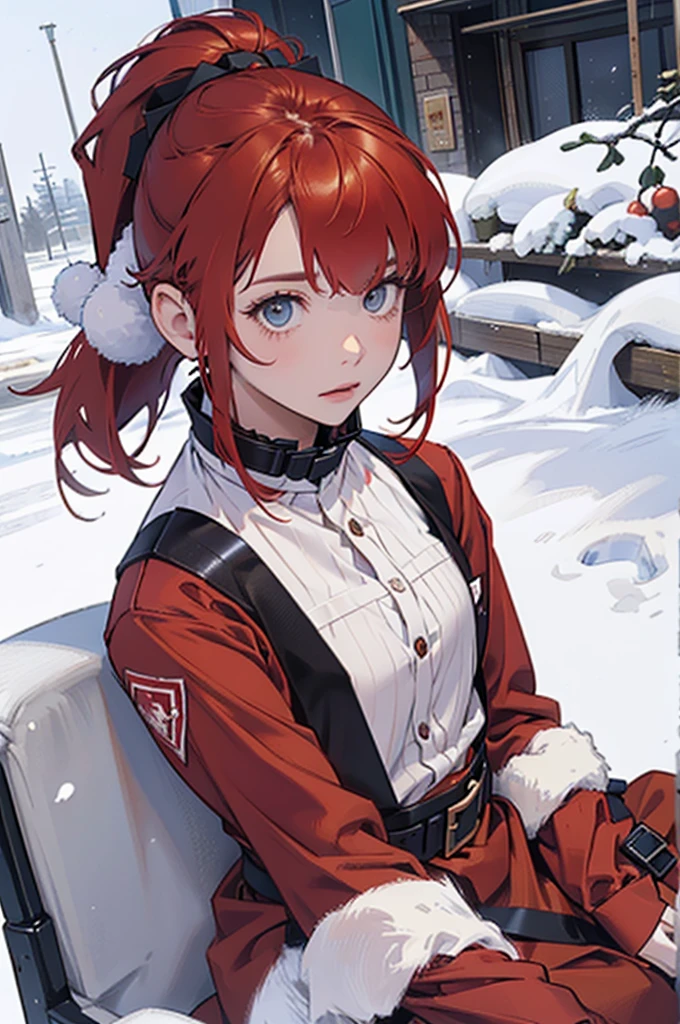 Santa Girl, gift, Christmas, beautiful day, snowy day, pony tail hairstyle, Cute Girl, Metal,Red hair