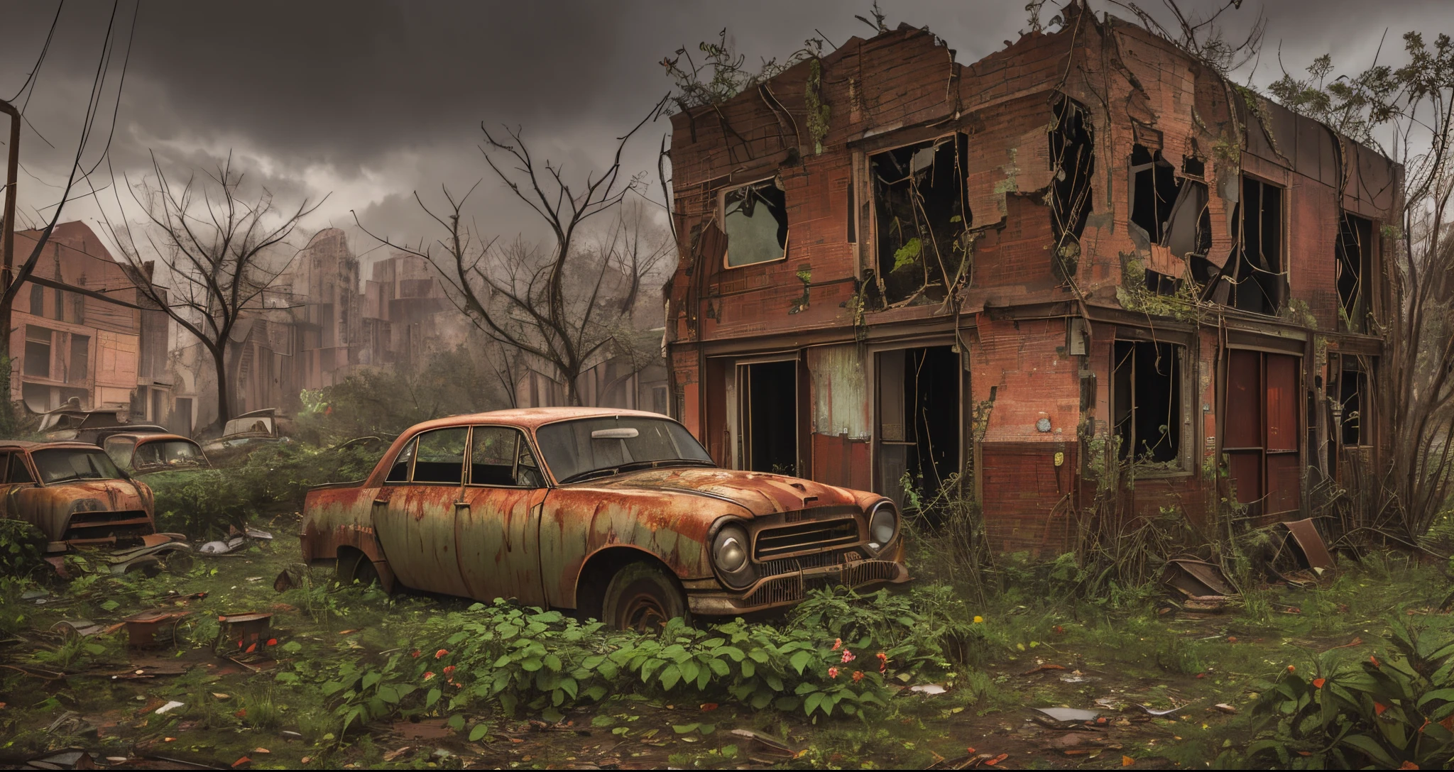 "Abandoned City, post-apocalyptic, desolate, crumbling architecture, overgrown with plants, eerie atmosphere, abandoned vehicles, hauntingly beautiful, dramatic lighting, rusted metal, decaying buildings, nature reclaiming the portrait." --auto --s2