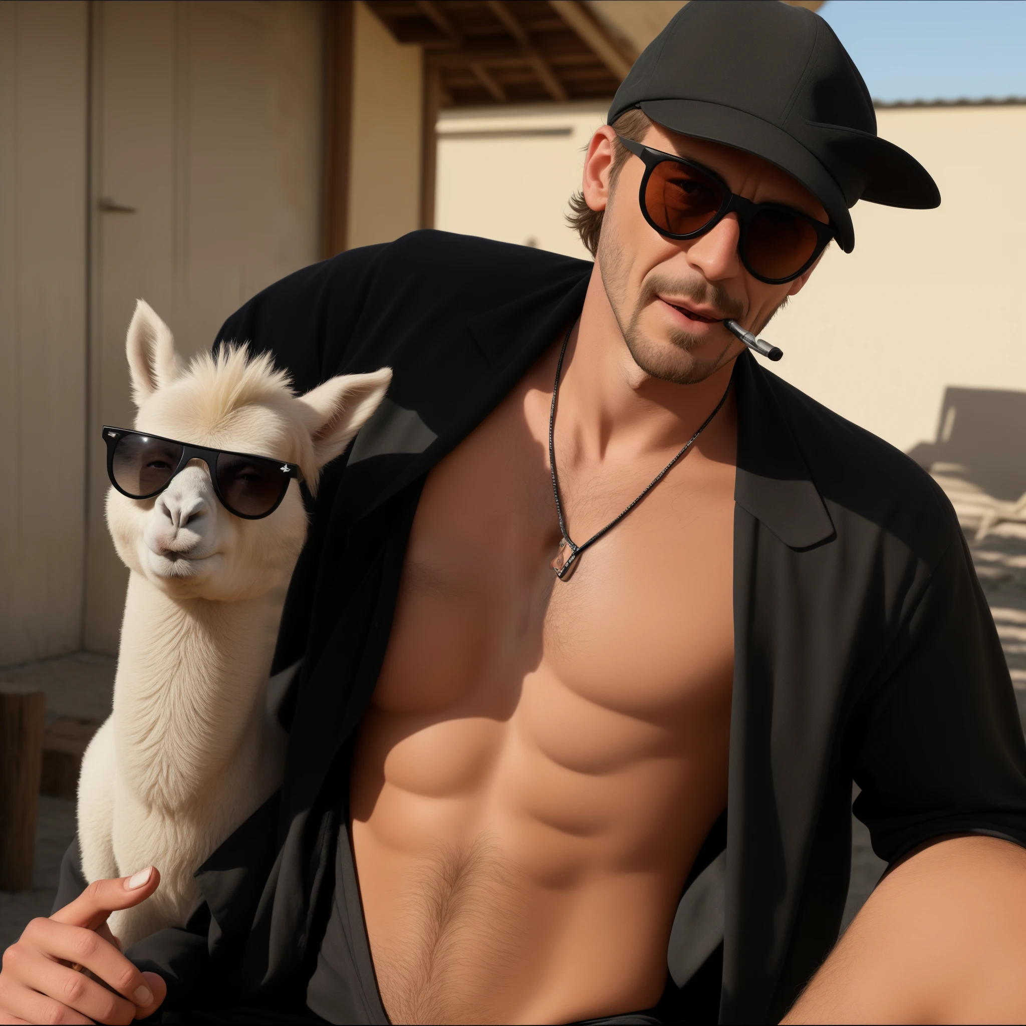 Lama mit Sonnenbrille und Zigarette im Mund, abstrakt und Cartoon