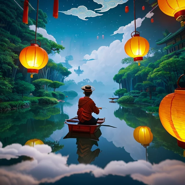 floating light, Cinematic light and reflections, glowing lamps, Intermediate virtual universe elements,digitial painting, glowing reflections, contemplative, Floating lanterns, calm evening, Digital illustration, beautiful ambiance, sky lanterns at night, Peaceful atmosphere at night, Floating lanterns, (Kongming Lantern), natta, themoon, game scenes, Ancient Chinese palaces are located above the clouds, Surrounded by clouds, majestic man, glazed tiles, BUDDHA STATUE, gorgeous color, In the foreground are three arches((Color ink)), ( (Splash ink ) ), ((Splash ink) ink})),There a background in the sky((chinesedragon)) tmasterpiece, high high quality, Beautiful graphics, Big fish begonia,high detal,Ladielying,bamboo forrest