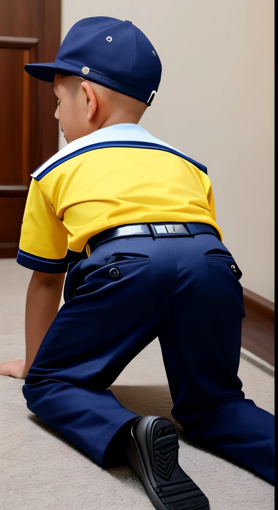  boy, 14 ear police uniform, shave head, wear cap, back view, look from below, no naked, wear uniform trousers belt gear gun boot, thigh, butt, open wide leg, back view, look from back below，lying on all fours