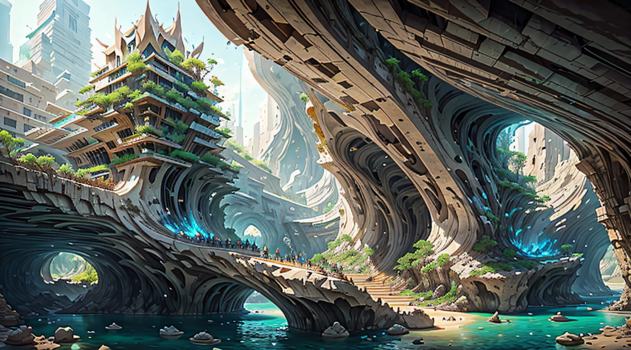 :an awesome sunny cheerful day environment concept art of Futuristic design of cave architecture interiors concept art on grand Canyon caves nature architecture, proportional,detailed, cave architecture nature meets futuristic architecture on a rainforest jungle cliff with huge waterfalls,Crepuscular rays, nature meets modern architecture in the style of Aries Moross, Rem Koolhaas,Daniel Libeskind, Jean Nouvel, Paolo Soleri,Toyo Ito and Philip Johnson with Dry brush drawing style ,Chiaroscuro village,cliff side residential area, mixed development,nature architecture,bright colors,high rise made up staircases, balconies, full of glass facades,carved from rocks, masterpiece, proportional, detailed, trending on artstation, beautiful lighting, realistic, intricate