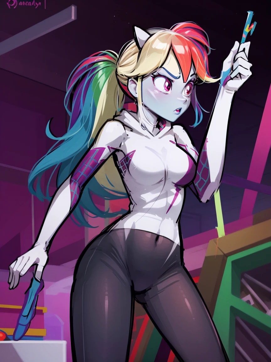 Rainbow Dash wearing spidergwen costume, spidergwen costume, Ranbow dash, spidergwen costume, blue skin, rainbow hair, hooded bodysui