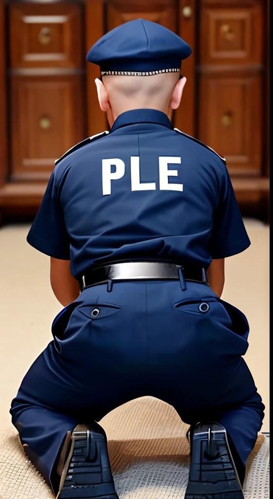 kid boy, 14 years old, wear police uniform, shave head, wear cap, back view, look from below, no naked, wear uniform trousers belt gear gun boot, thigh, butt, open wide leg, back view, look from back below，lying on all fours